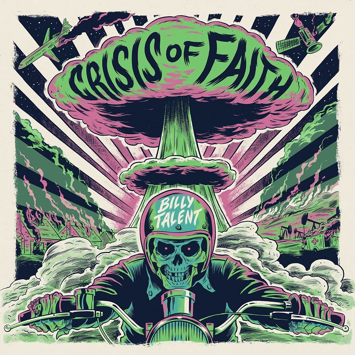 A 'Crisis of Faith' album borítója a Billy Talent-től, egy koponyával egy motorkerékpáron és egy gombafelhővel.