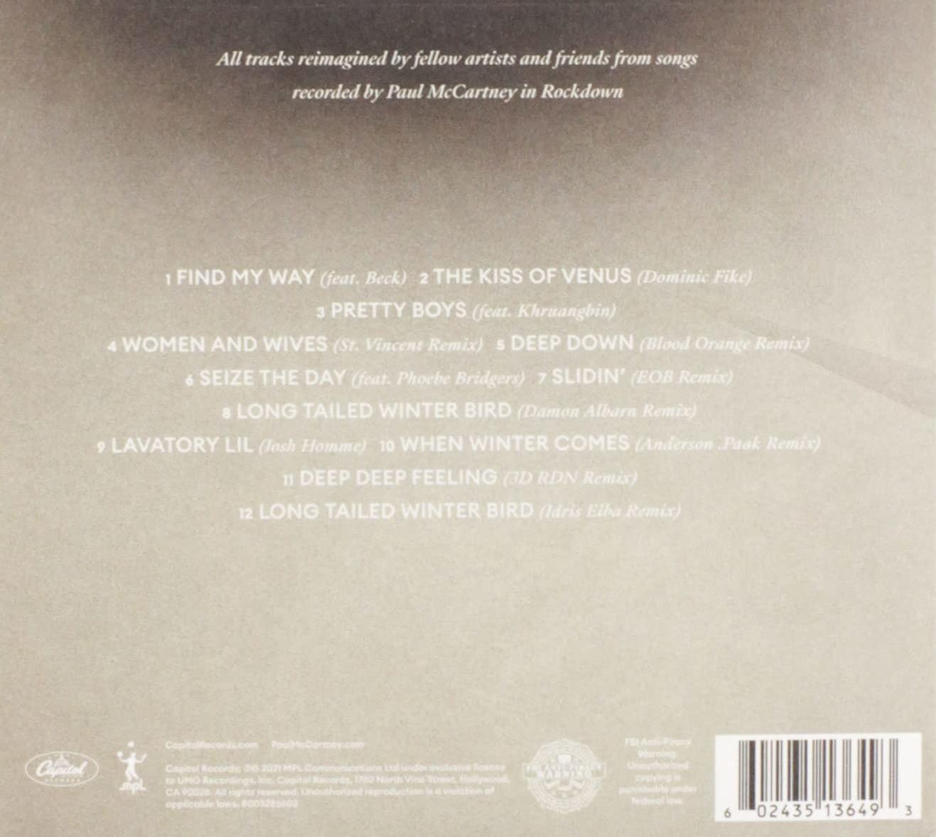 CD borító a számok listájával. Fehér háttér, szöveg: Minden szám újraértelmezve... Paul McCartney in Rockdown.