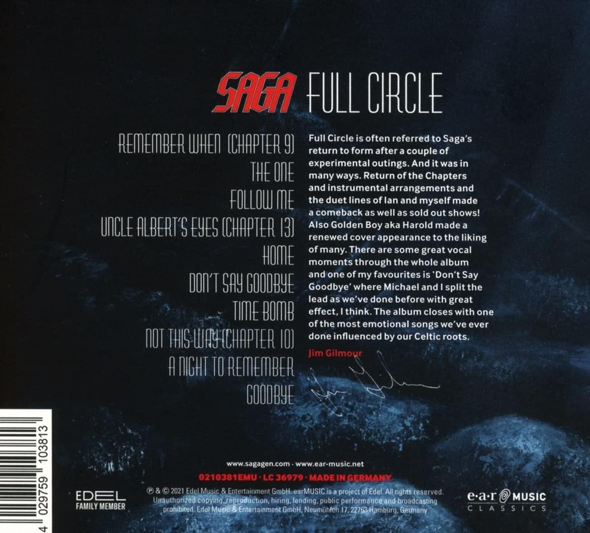 Rückseite der Saga 'Full Circle' CD. Text über das Album und die Titelliste. Das Cover ist hauptsächlich rot und weiß.