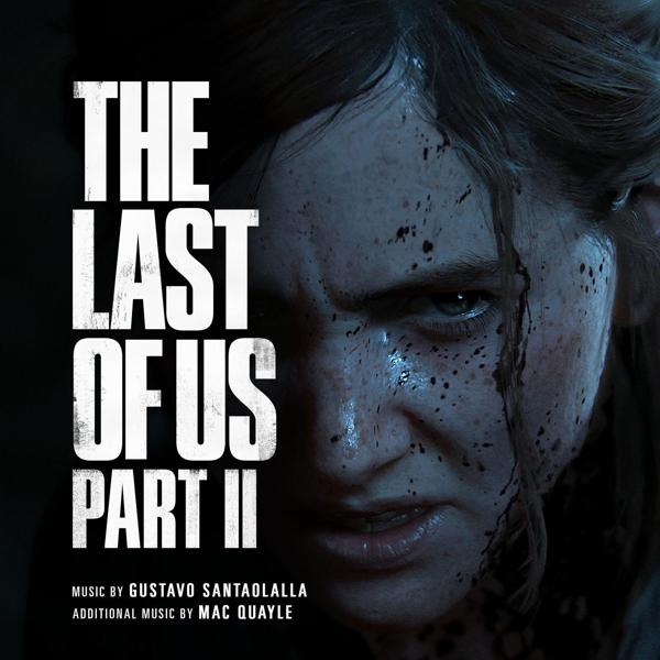 Játék borító: 'The Last of Us Part II'. Egy véres arcú nő, fehér színű címszöveg.