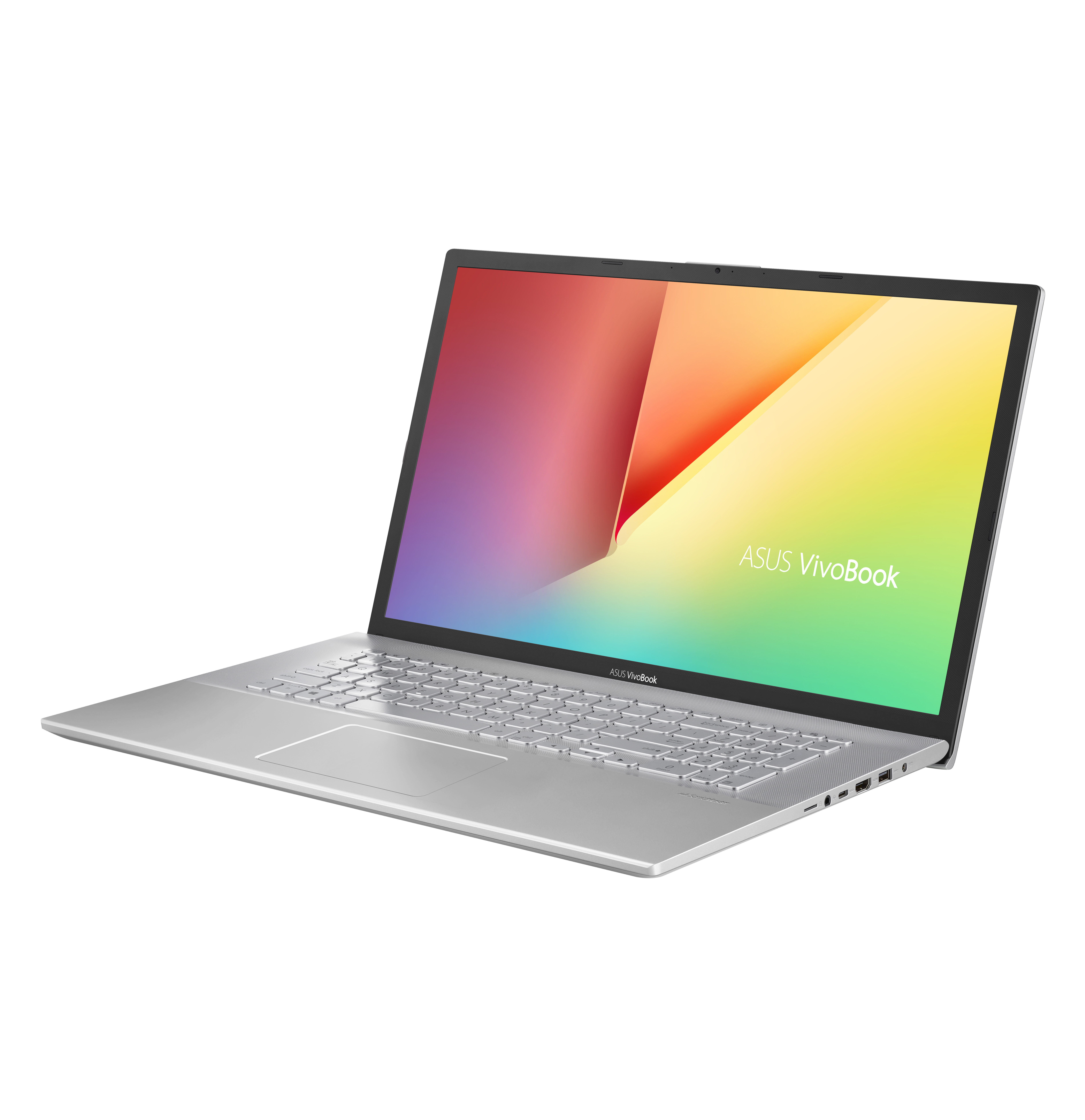 Silbernes ASUS Vivobook Laptop mit farbenfrohem Bildschirm.