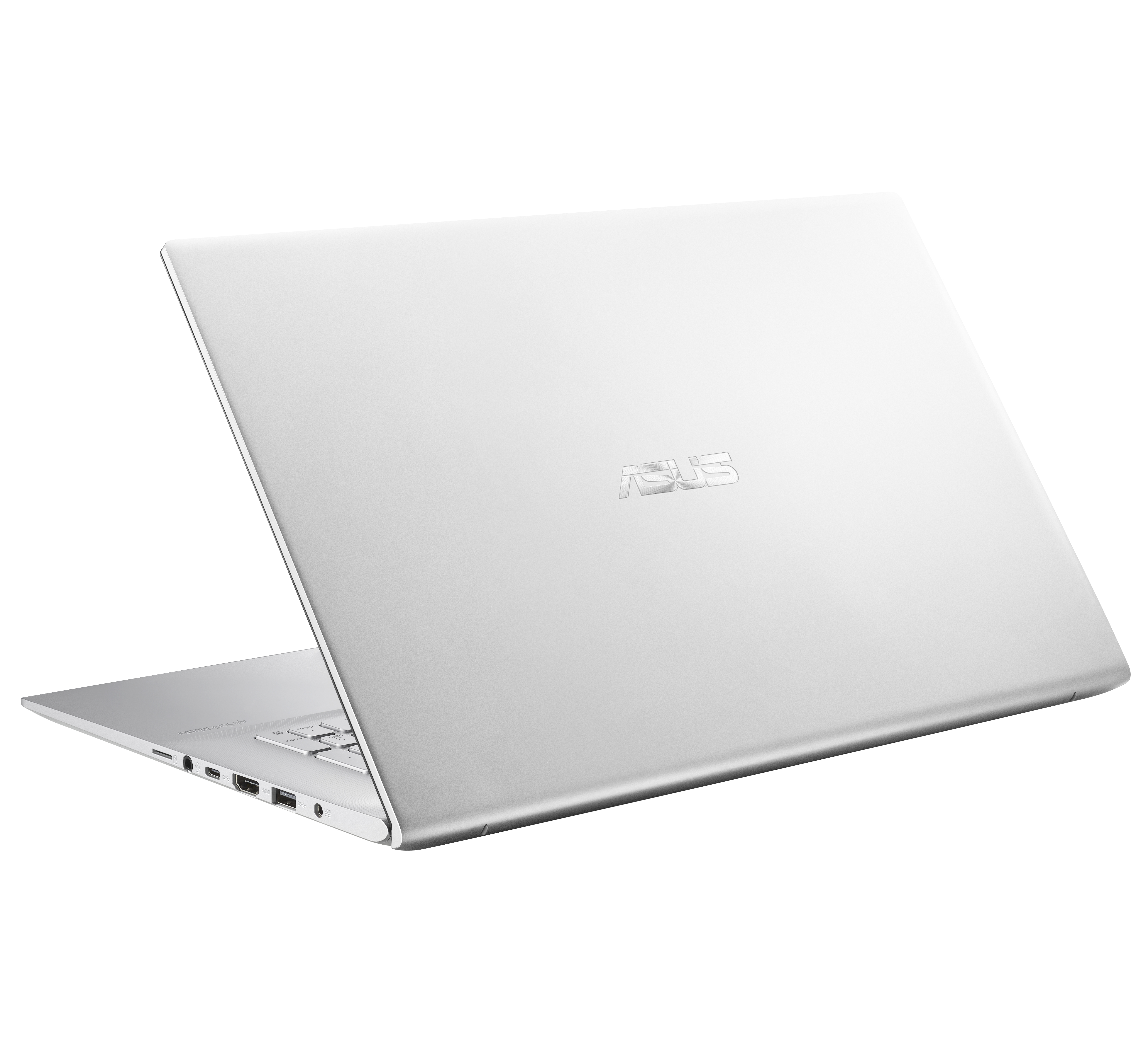 Weißer Laptop mit ASUS-Logo auf der Rückseite, in einem Winkel geöffnet.