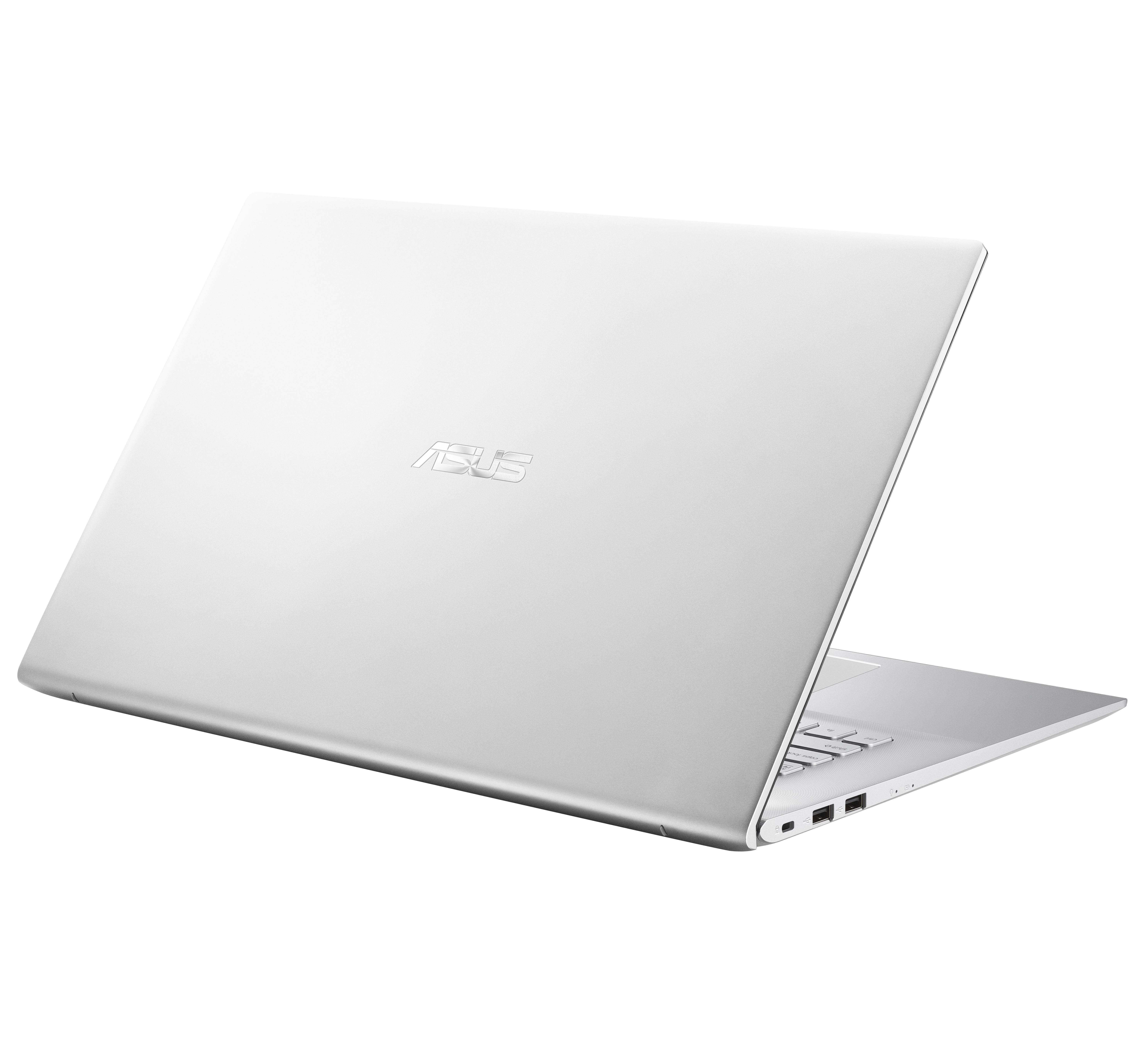 Silberner Laptop, R ückansicht, mit dem ASUS-Logo und geöffnetem Bildschirm.