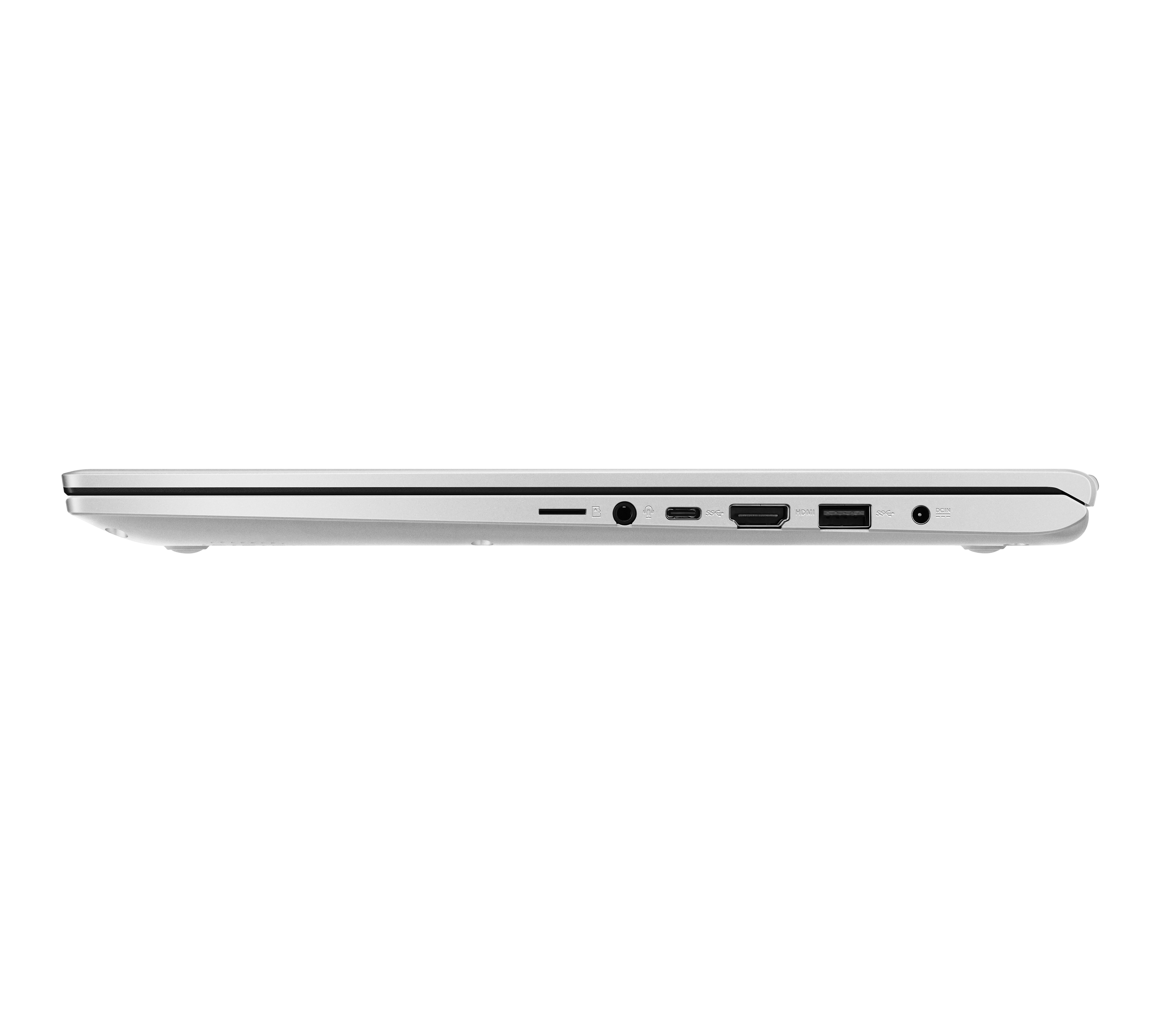 Seitenansicht eines weißen Laptops mit Anschlüssen und Belüftung.