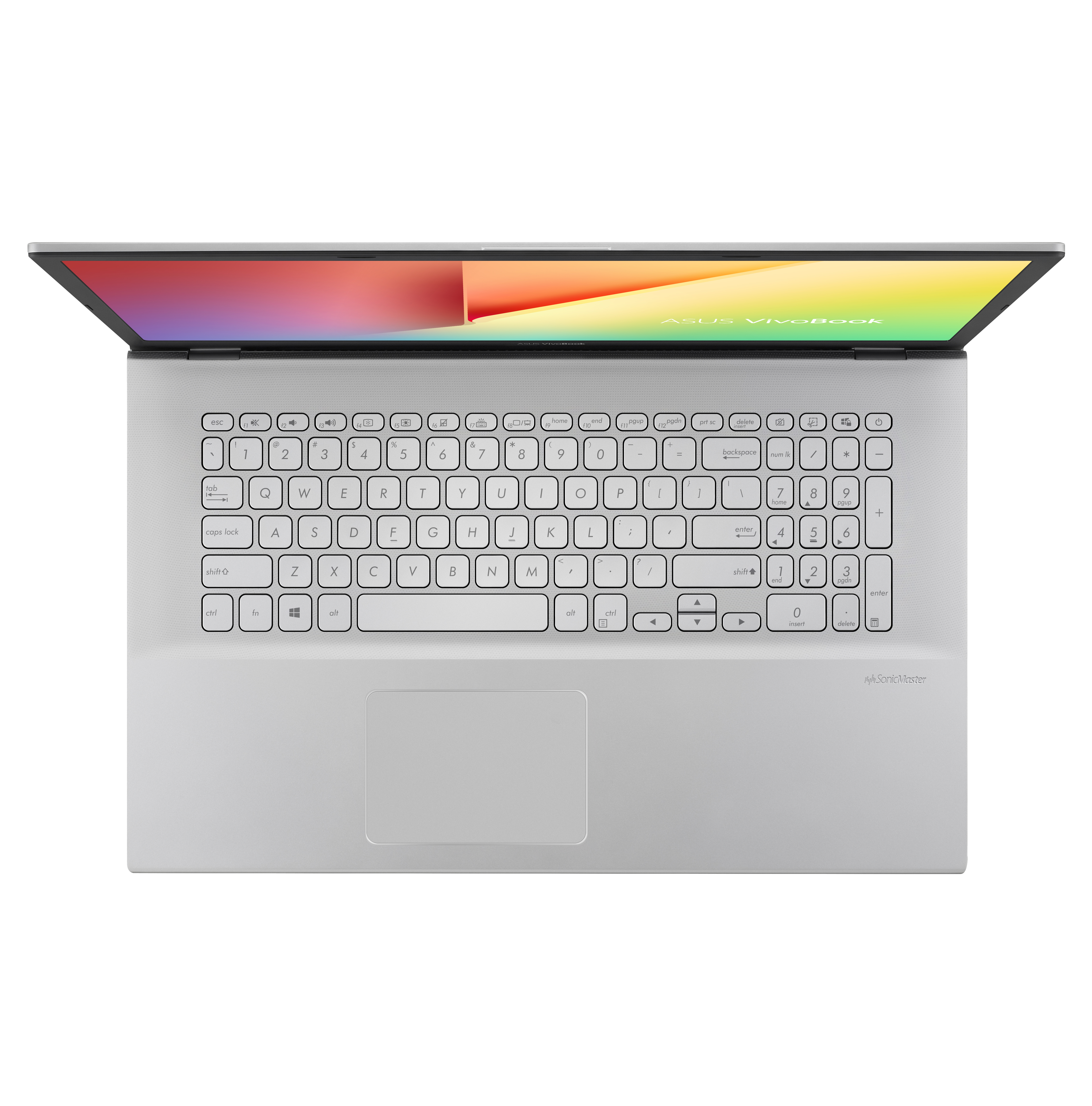 Silbernes ASUS Vivobook-Laptop, geöffnet, mit Tastatur und Bildschirm. Der Bildschirm zeigt einen bunten Farbverlauf.