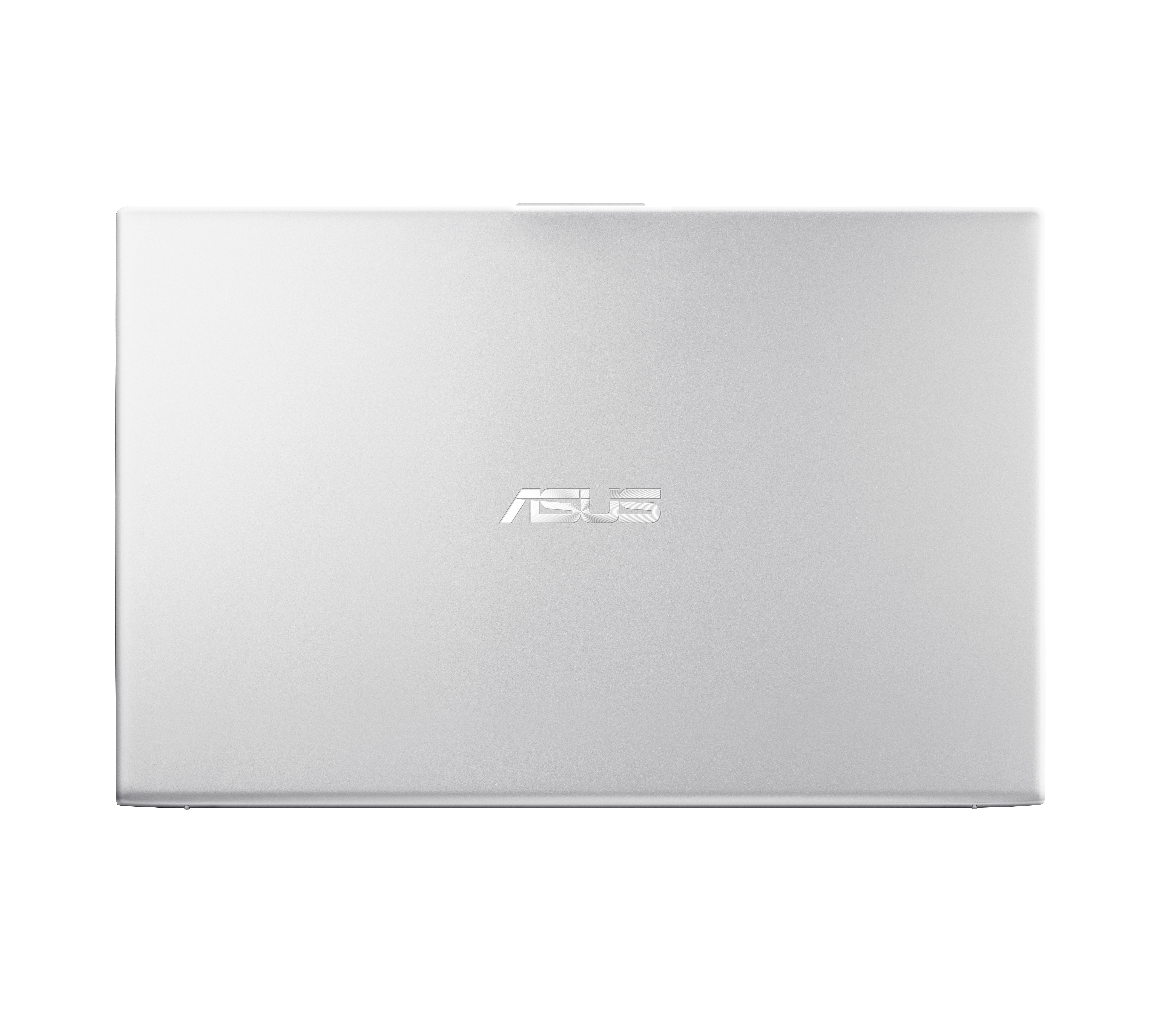 Draufsicht auf einen silbernen ASUS-Laptop.