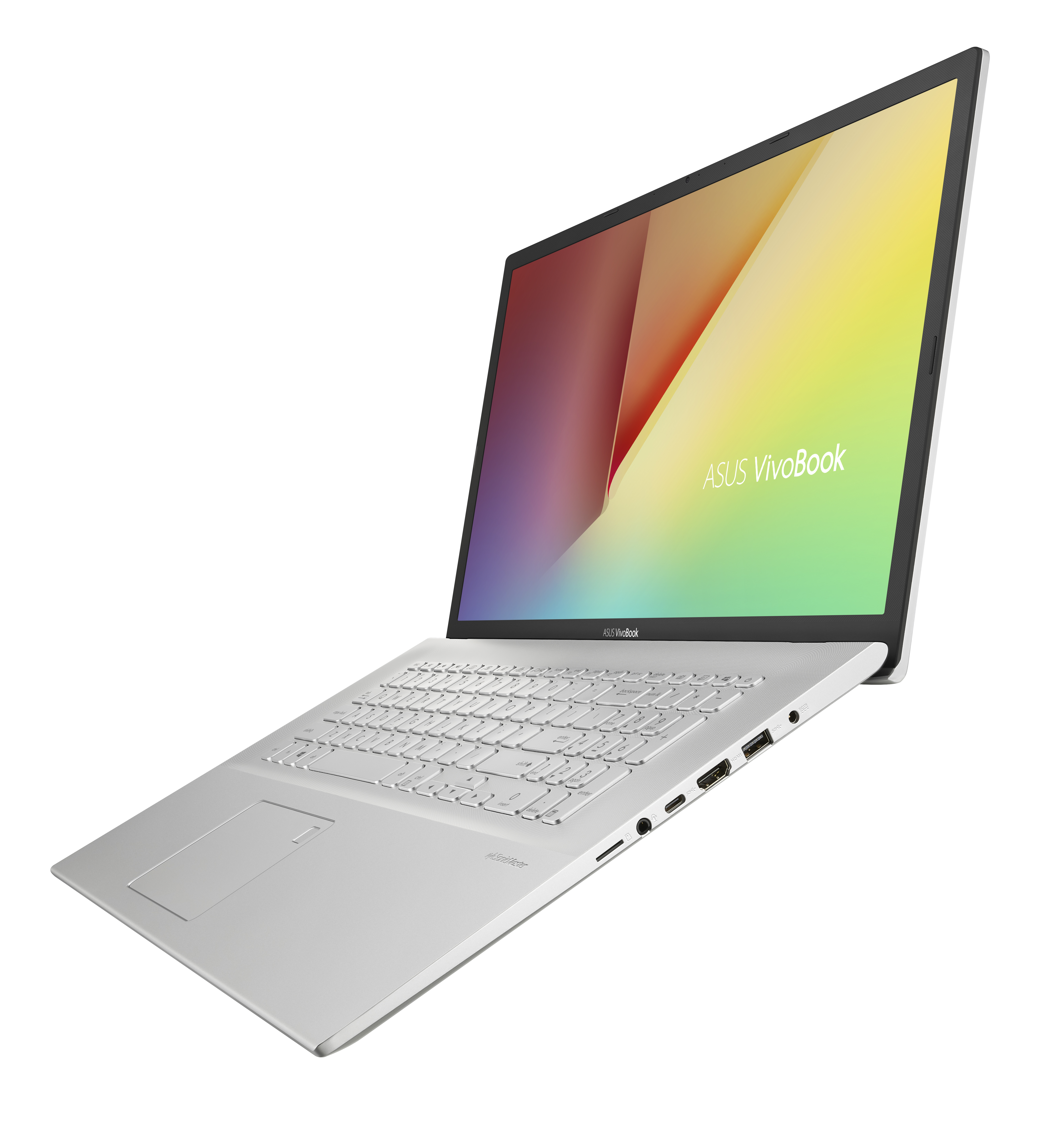 Silberner Laptop mit einem Bildschirm, der ein farbenfrohes Bild anzeigt.