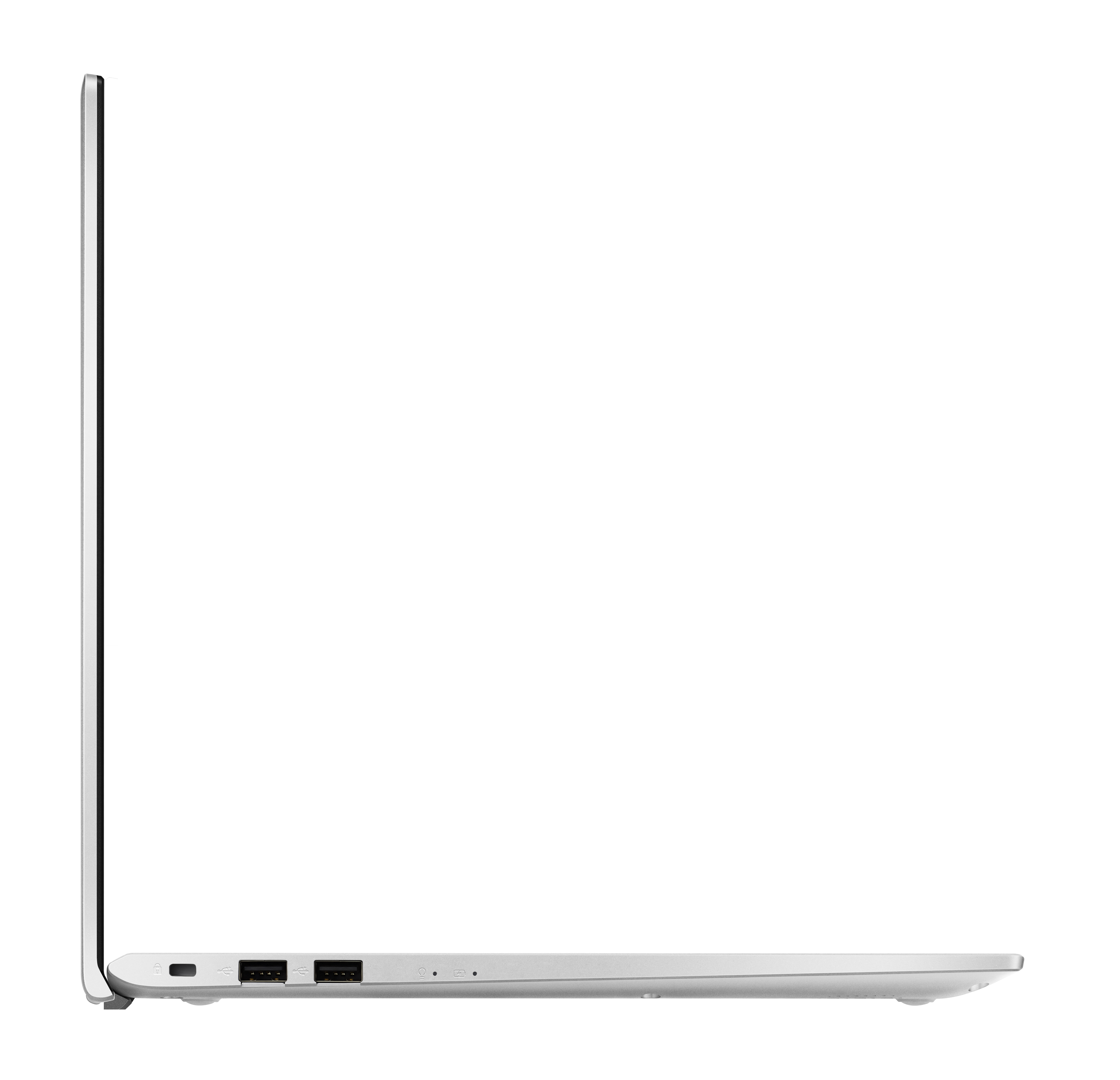 Seitenansicht eines silbernen Laptops. Der Hintergrund ist weiß.