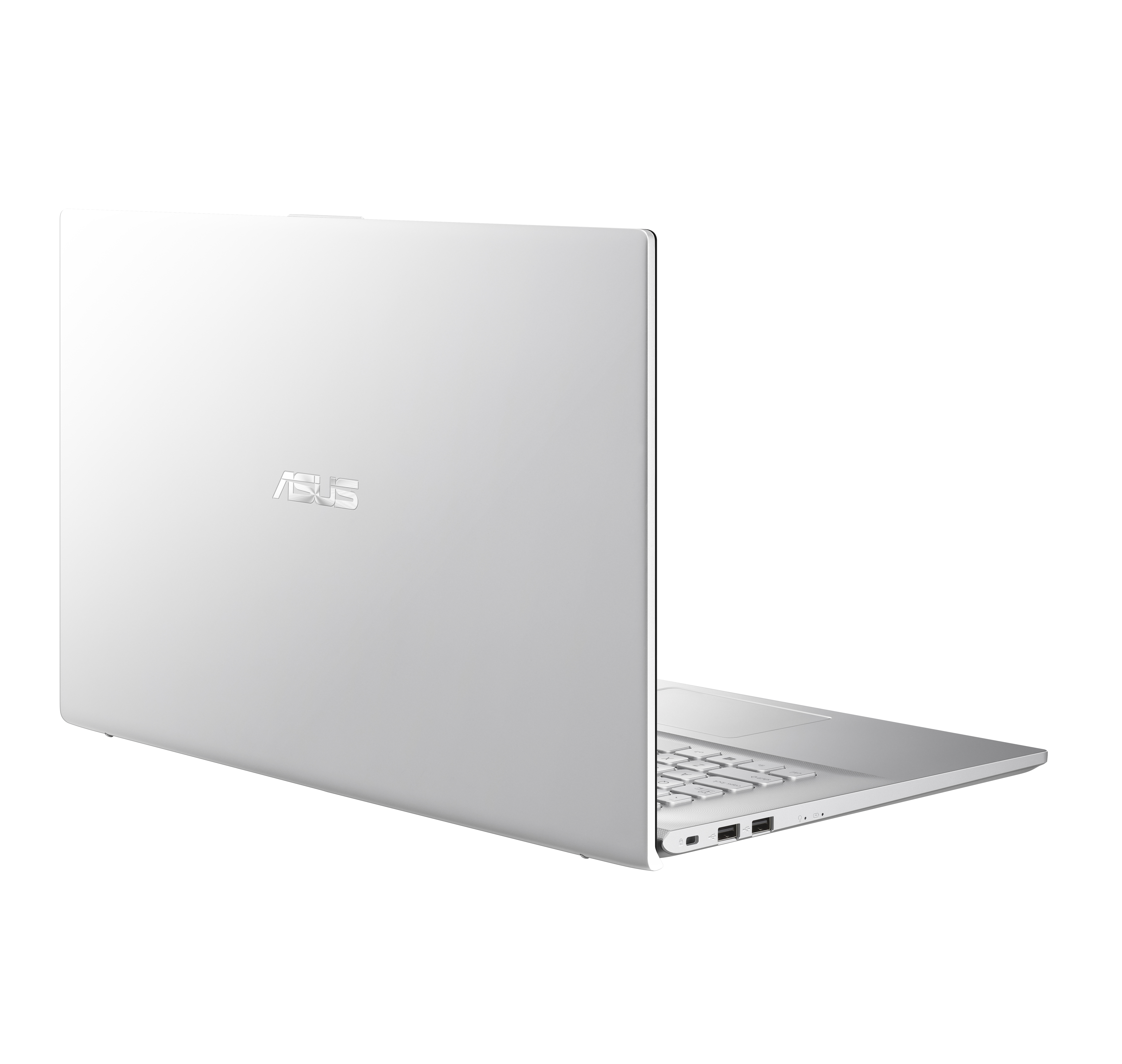Silberner Laptop, Rückansicht, geöffnet. ASUS-Logo sichtbar. Weißer Hintergrund. Einfaches Design.