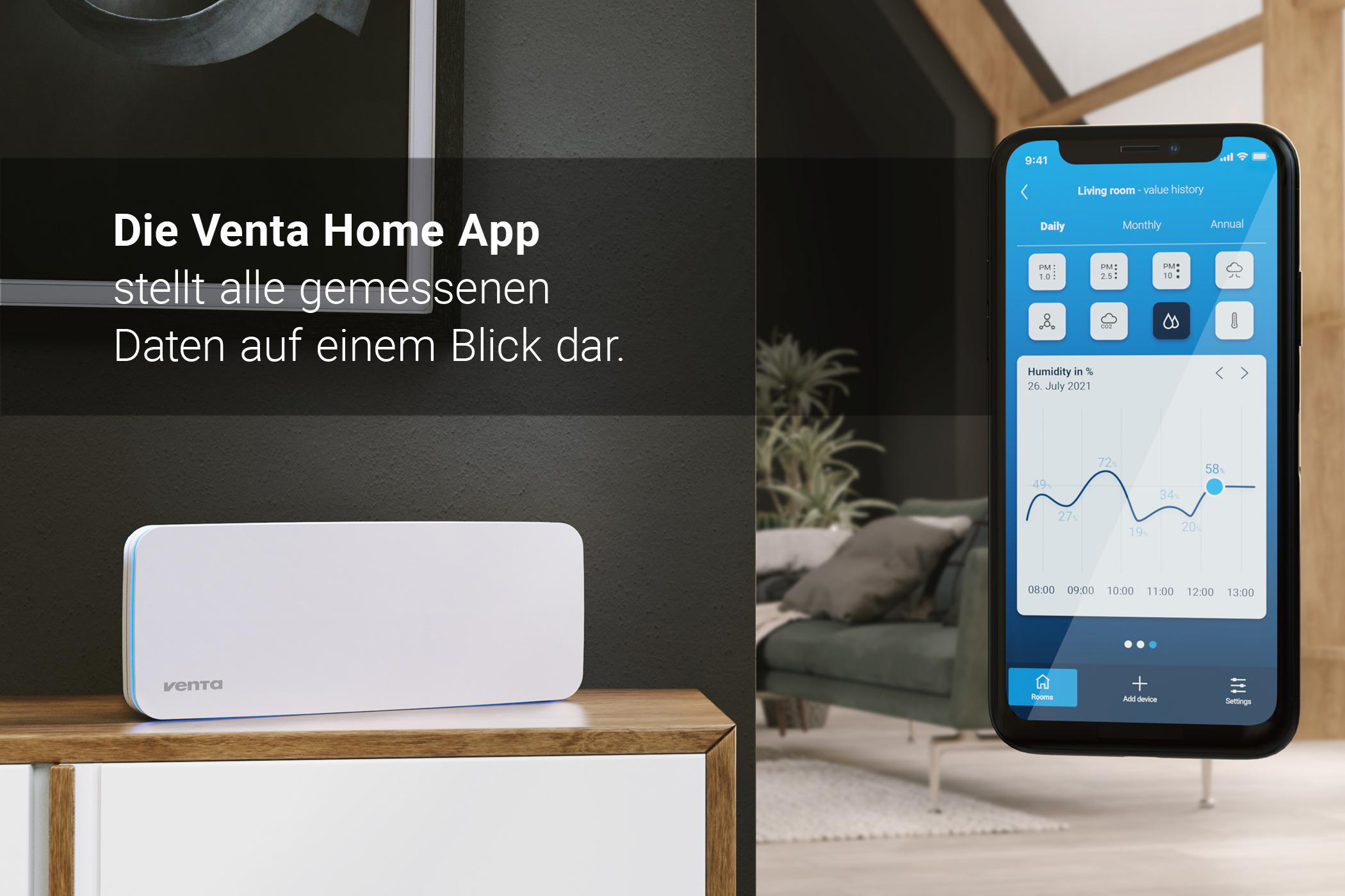 Telefon mit App-Oberfläche. Weiße Box und Pflanze im Bild.