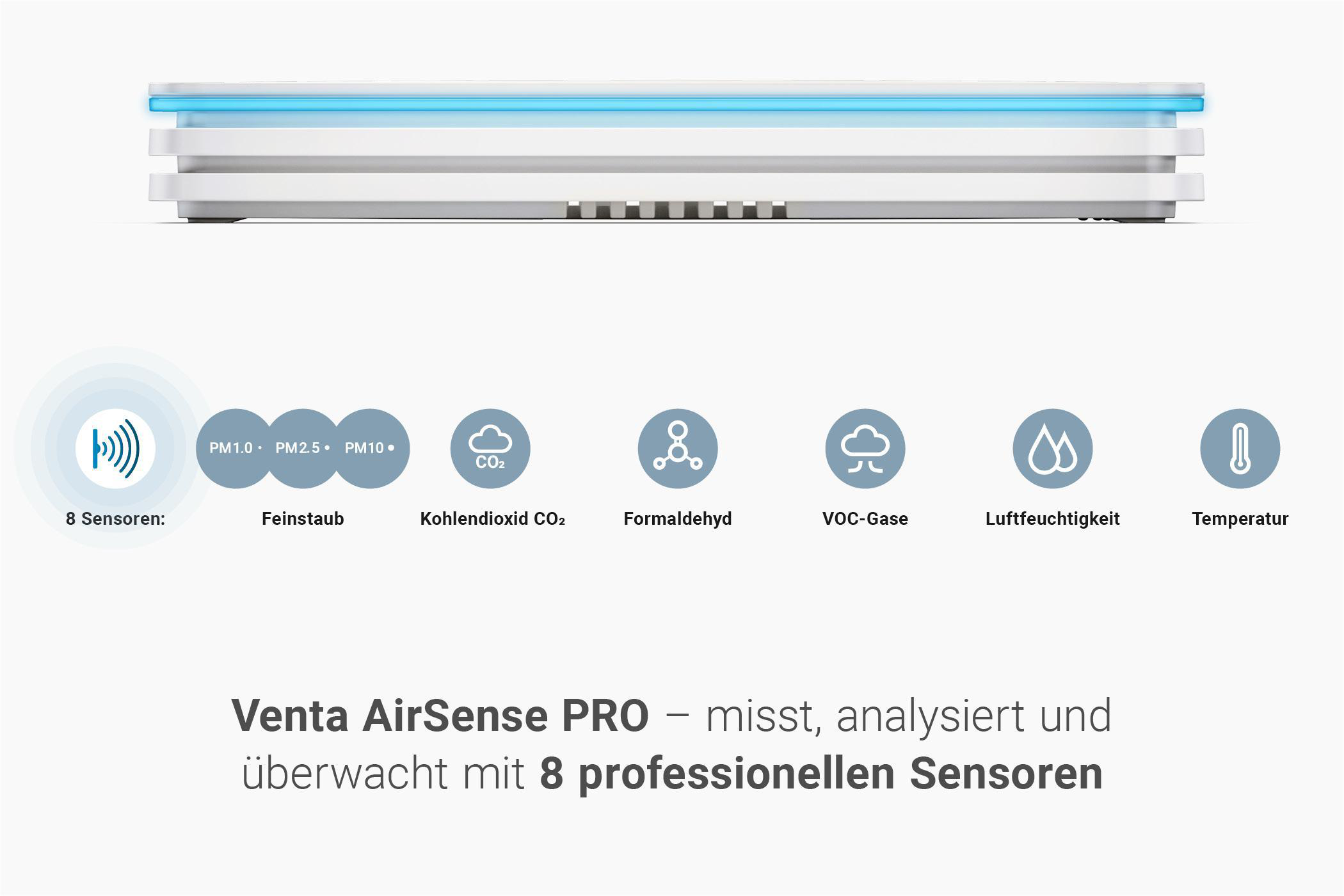 Weißer Luftqualitätssensor mit blauem Licht. Symbole für verschiedene Luftqualitätsmessungen werden gezeigt.