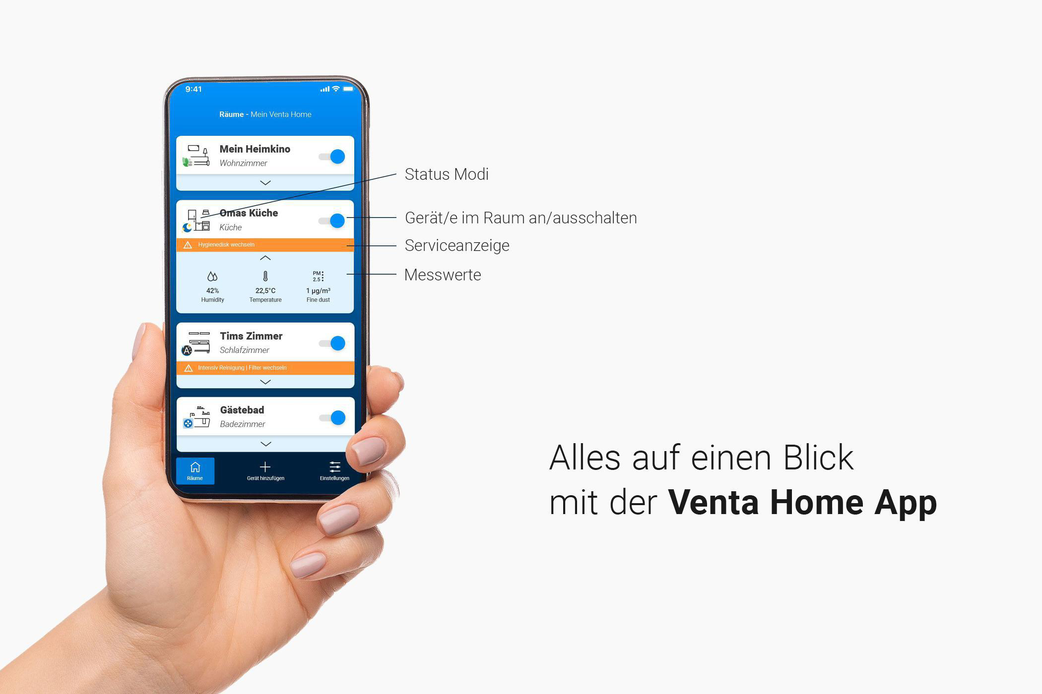 Hand hält ein Telefon mit der Venta Home App.