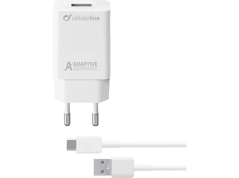 Cargador móvil - CellularLine ADAPTIVE FAST KIT, USB C, Universal, 15 W, Carga rápida adaptativa, 1 metro, Blanco
