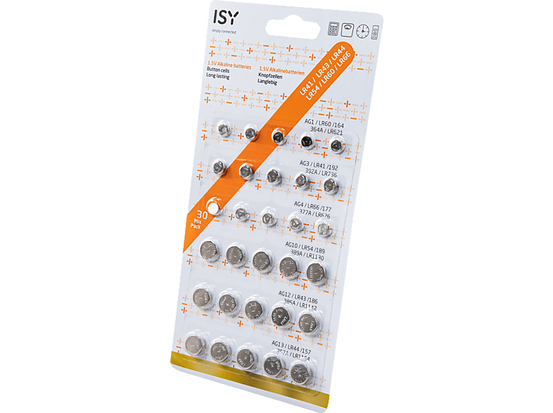 30-Mix 1.5 Knopfzellen, Alkaline-Batterien Volt IBA-3030 ISY Pack