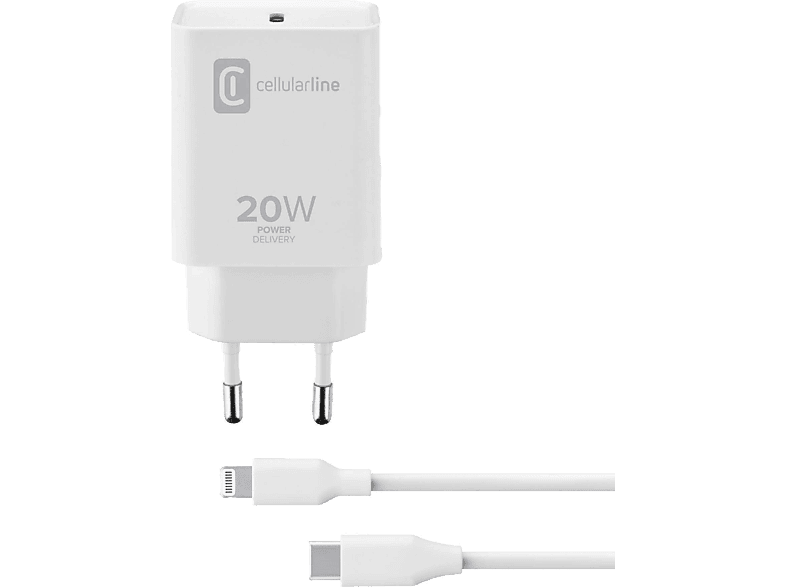 Cargador móvil - CellularLine CHARGER KIT, Para Apple iPhone y iPad, Cable Lightning, USB-C, 100 cm, 20W, Blanco