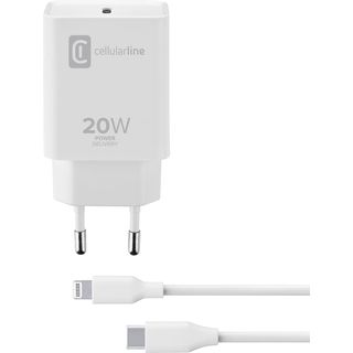 Cargador - CellularLine ACHIPHKITC2LM, Para Apple iPhone y iPad, Cable Lightning, USB-C, 100 cm, 20W, Blanco