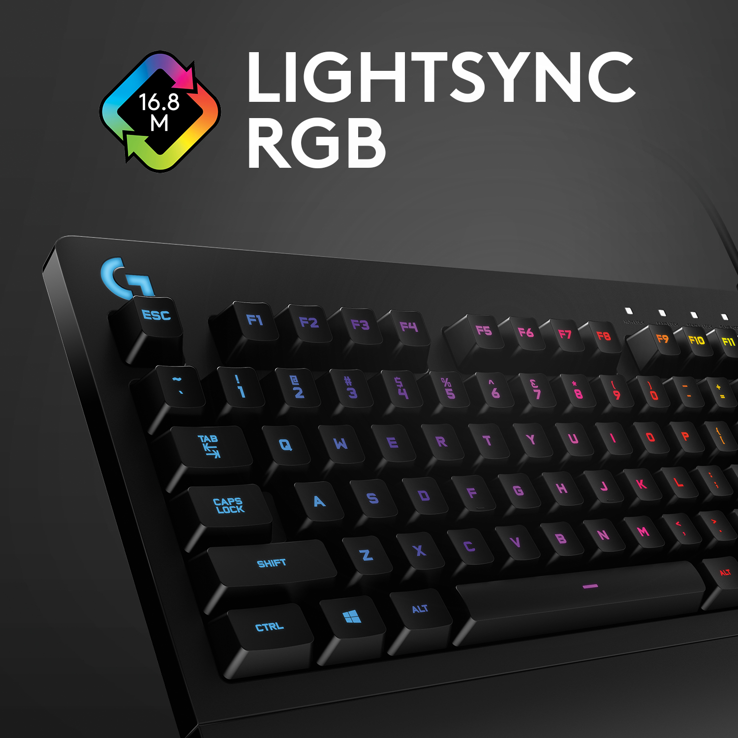 Black keyboard with illuminated keys. The top says LIGHTSYNC RGB and 16.8M colors.