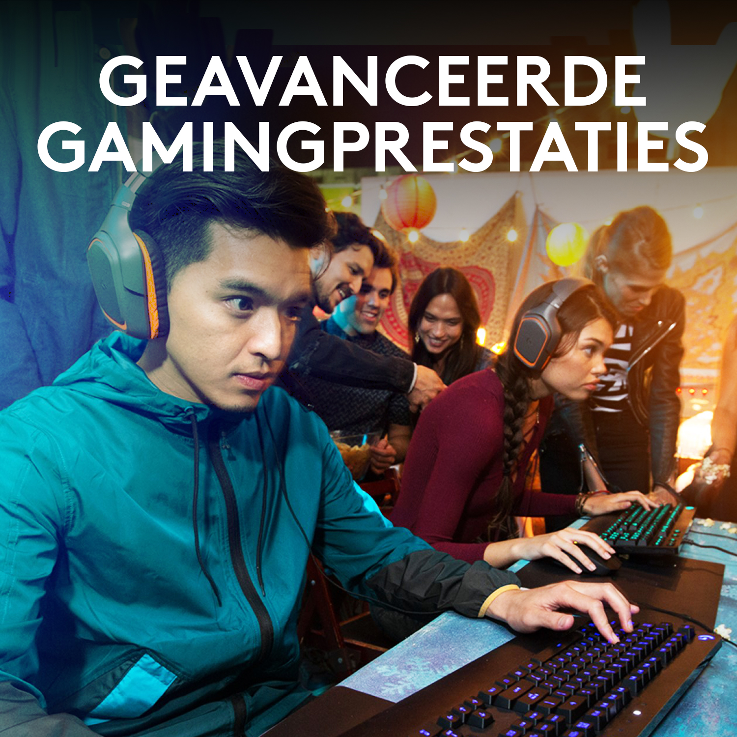 Group of people playing video games. Two people wearing headsets, focused on screens with keyboards.