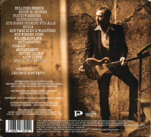 Rückseite des Albums mit Mann mit Gitarre, Text über Songs.