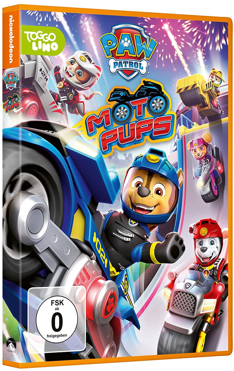 Paw Patrol Moto Pups DVD-Cover mit Zeichentrickfiguren und Motorrädern.
