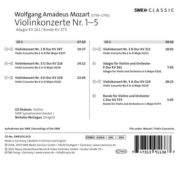 CD-Cover mit Text und Informationen über Mozarts Violinkonzerte. Weißer Hintergrund.