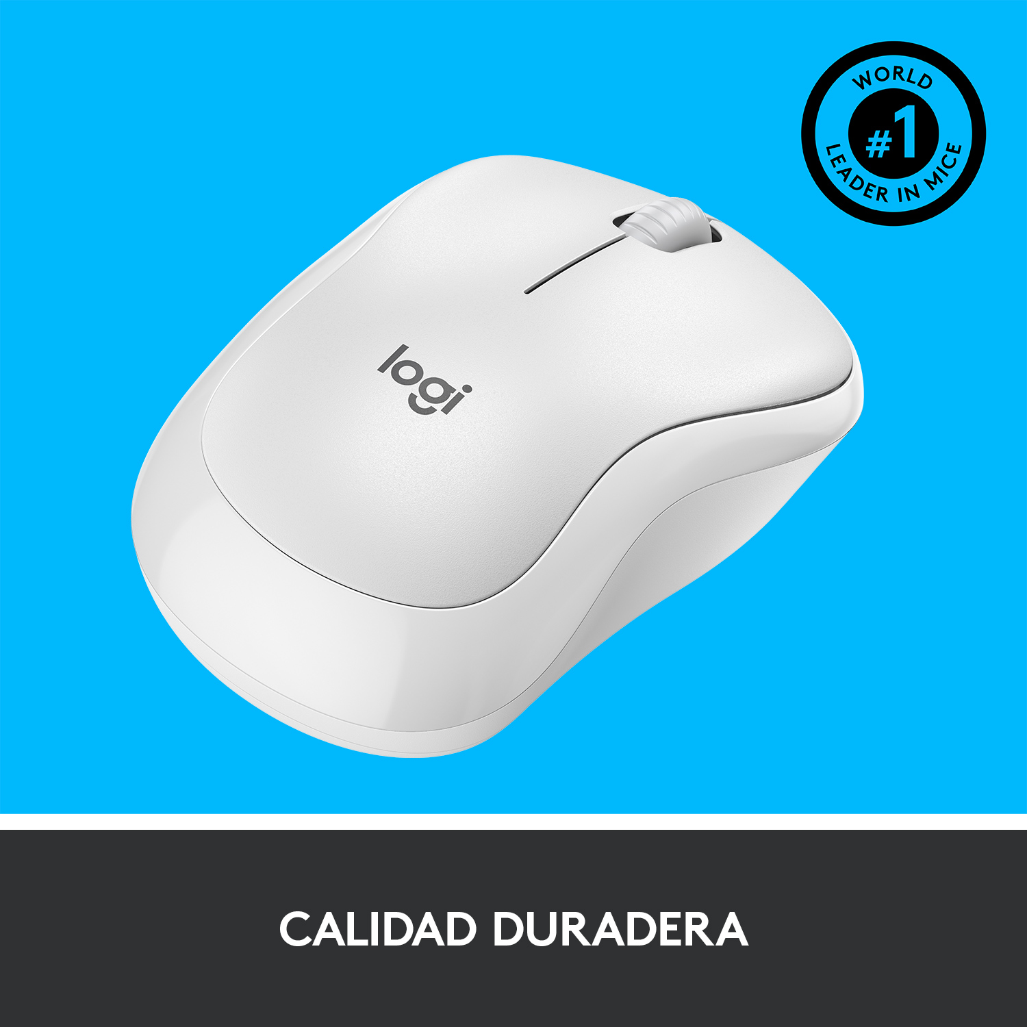 Ratón Logitech blanco sobre superficie azul. Texto 'CALIDAD DURADERA' abajo.