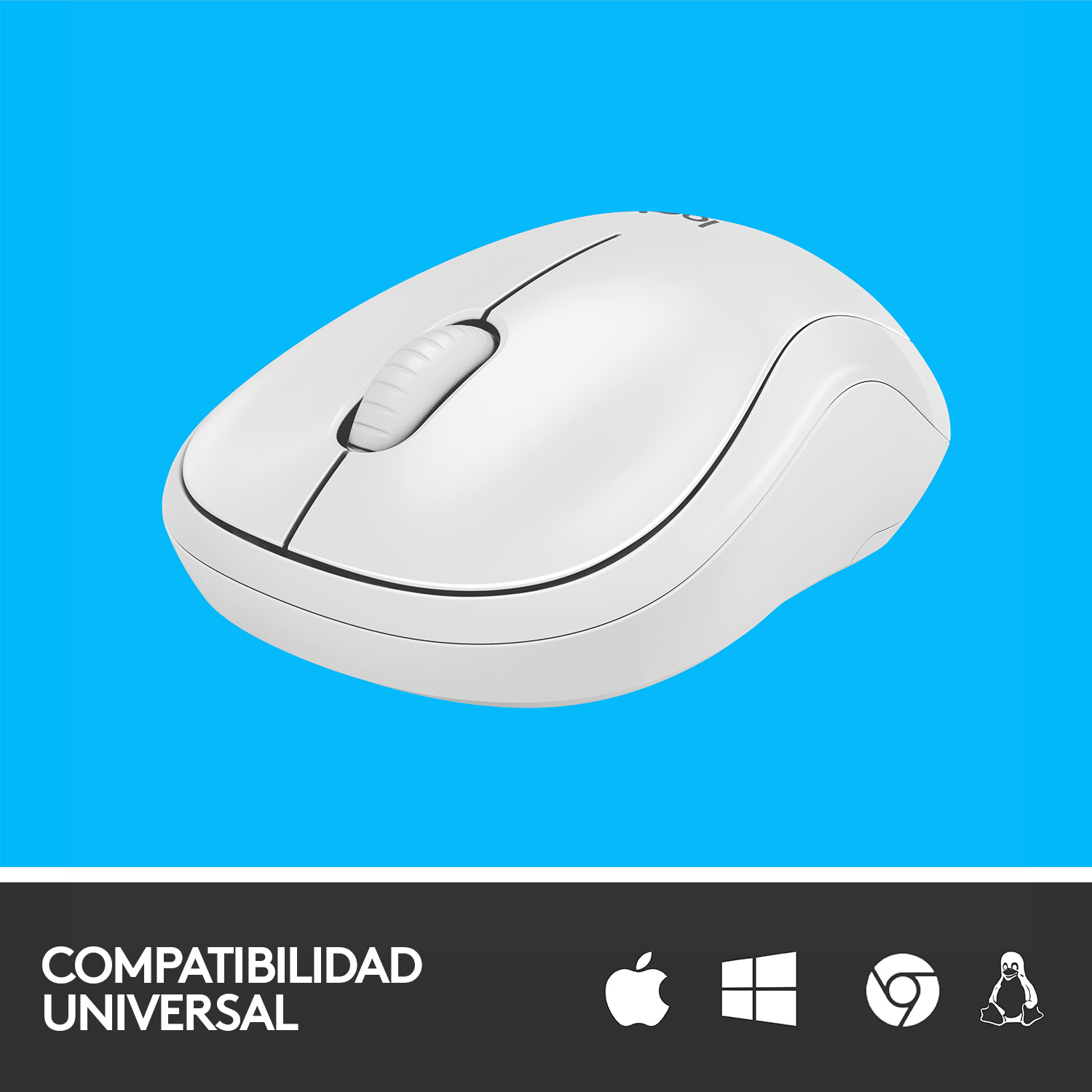 Ratón blanco de ordenador con rueda de desplazamiento sobre fondo azul.