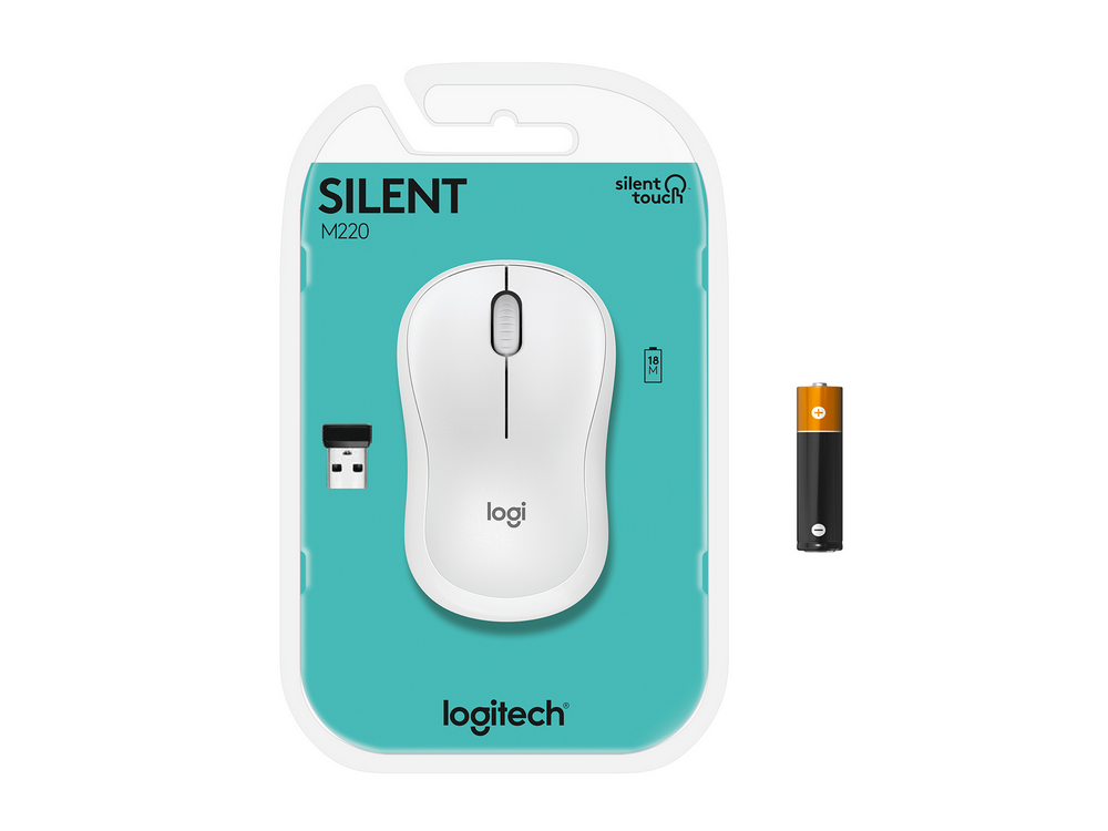 Ratón silencioso Logitech M220 blanco en embalaje, con receptor USB y batería AA.
