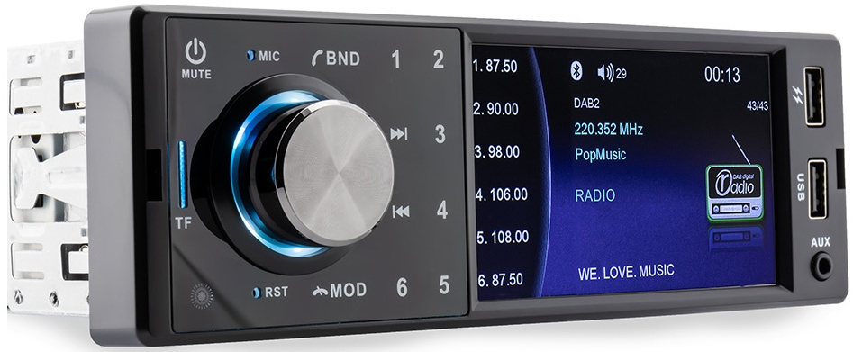 Autoradio avec écran affichant les informations radio et ports USB.