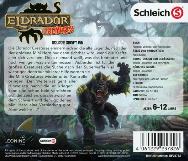 Rückseite einer Schleich-Box. Ein Kreatur steht im Mittelpunkt. Text auf Deutsch. Der Hintergrund ist ein Wald.