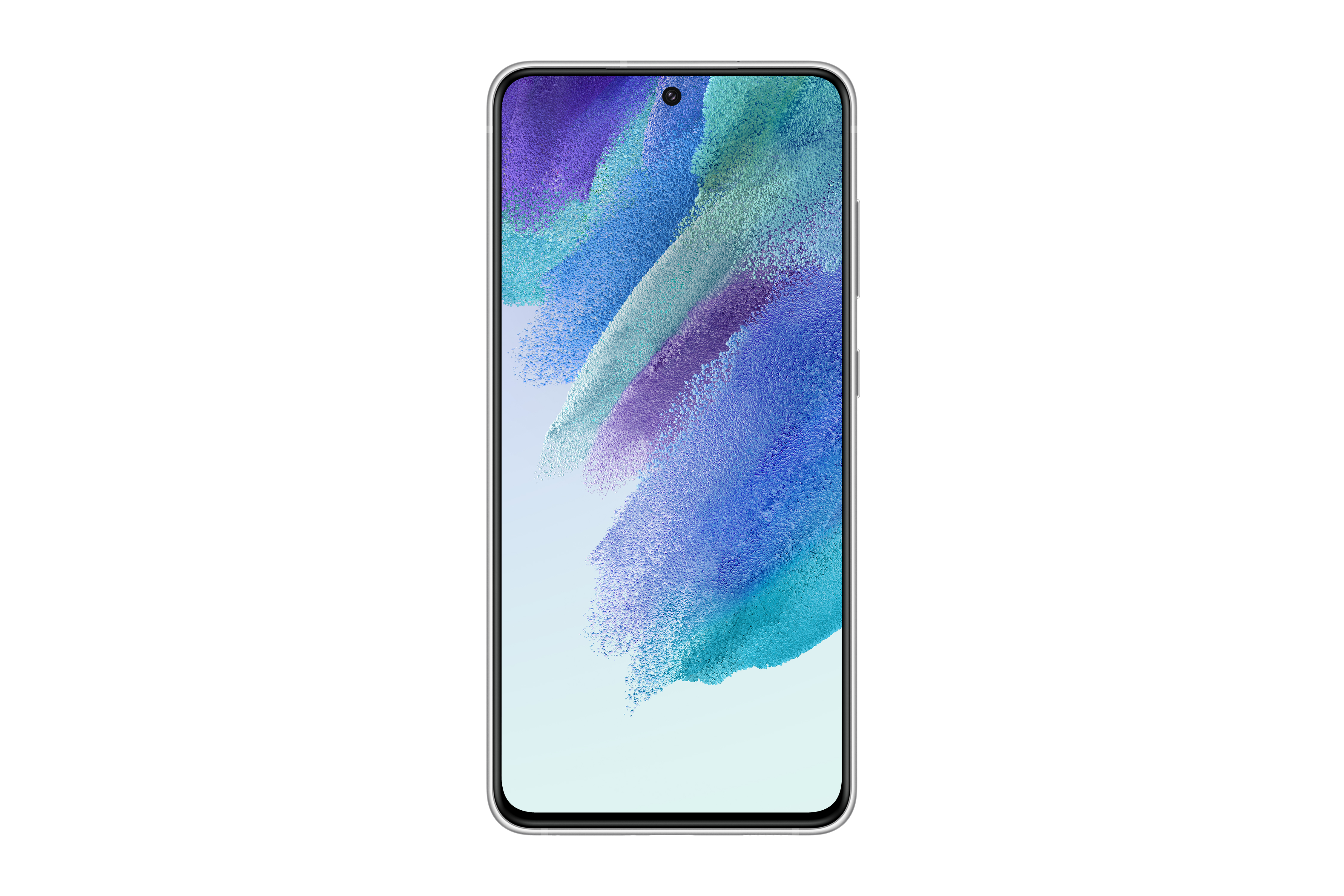 Beyaz bir arka plana sahip bir akıllı telefon. Ekran mavi ve mavimsi yeşil soyut renkler gösteriyor.