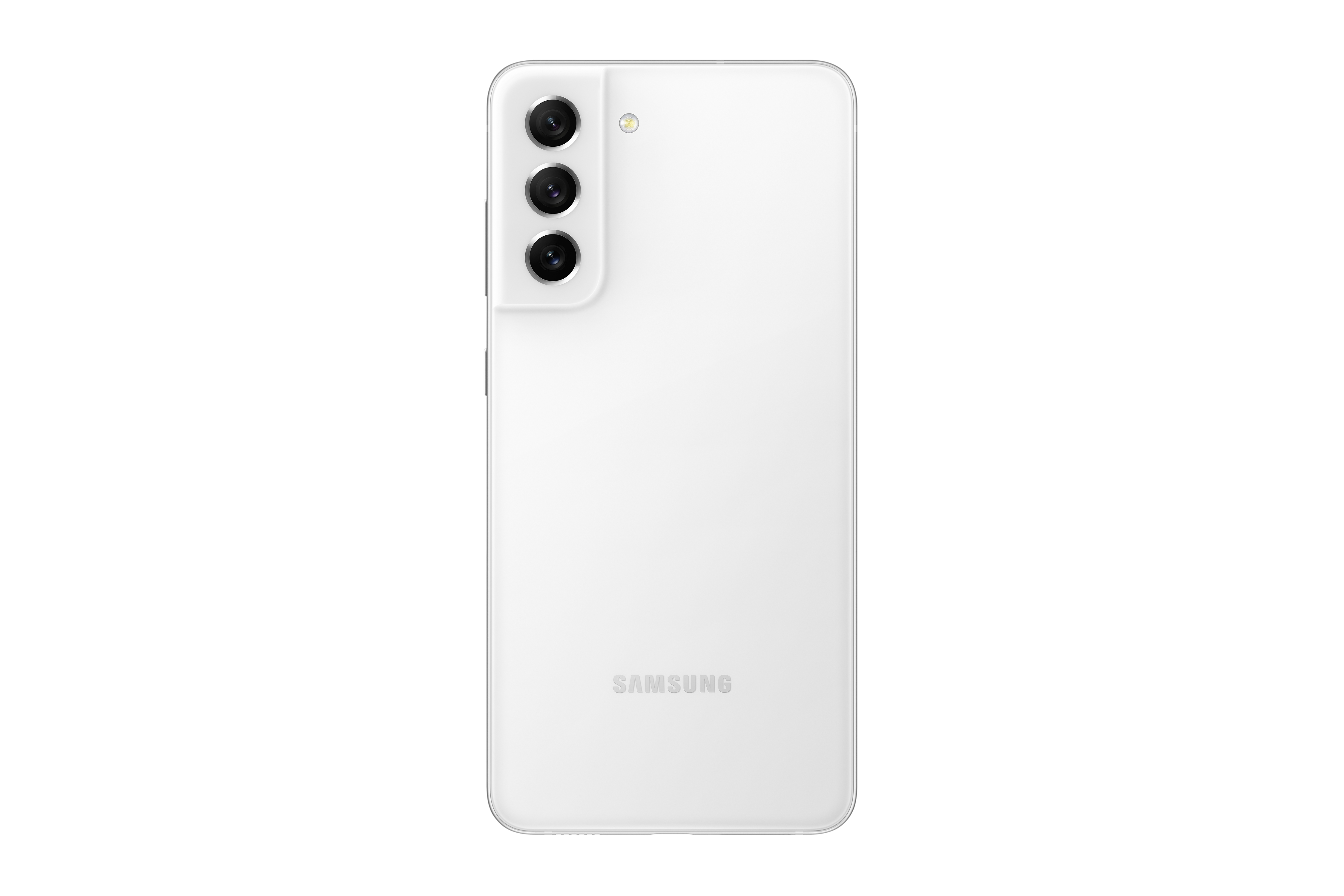 Beyaz Samsung telefon, üç arka kamerasıyla beyaz zemin üzerinde.