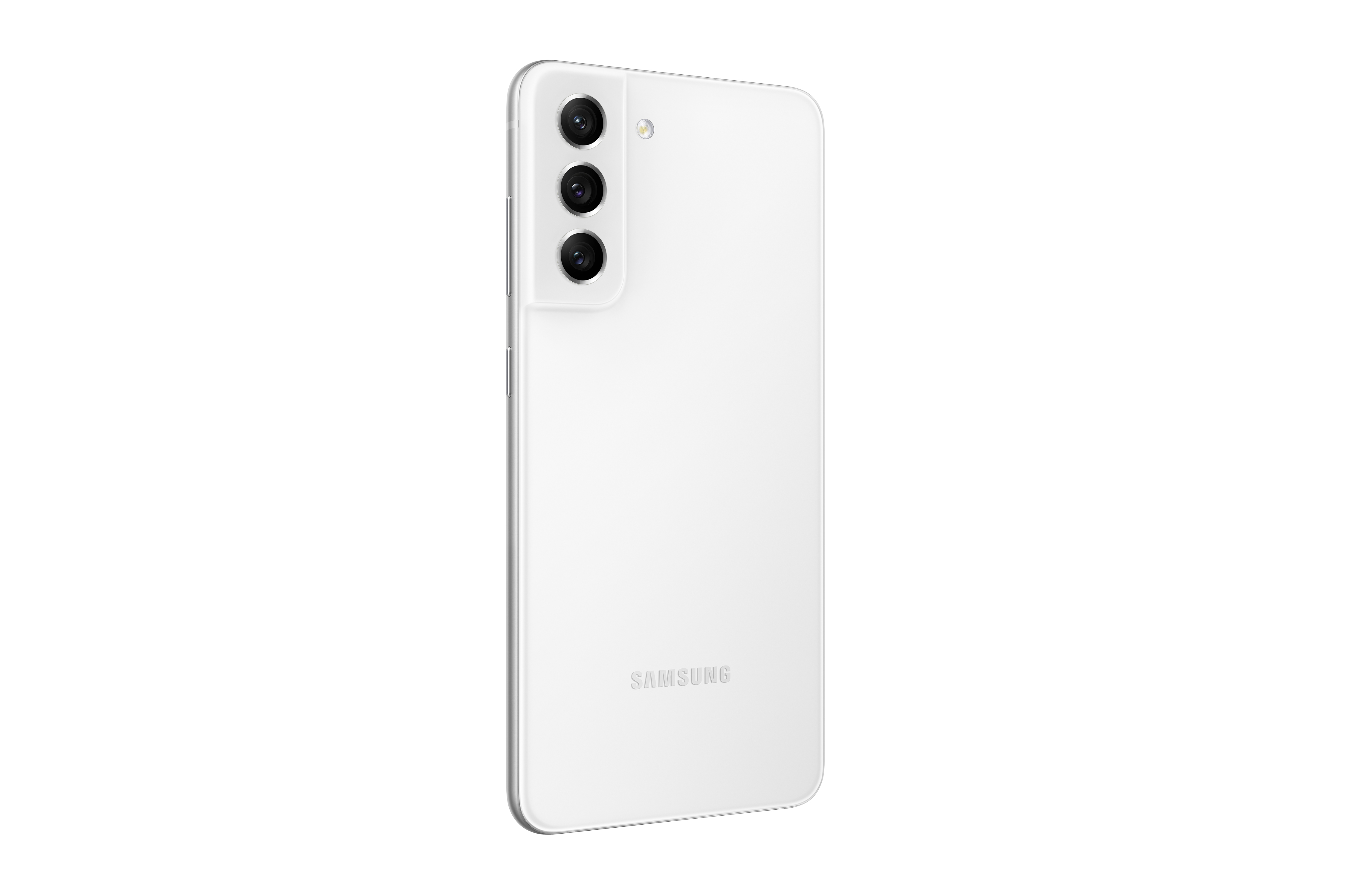 Beyaz arka plan üzerinde beyaz akıllı telefon. Arkada üçlü kamera kurulumu.