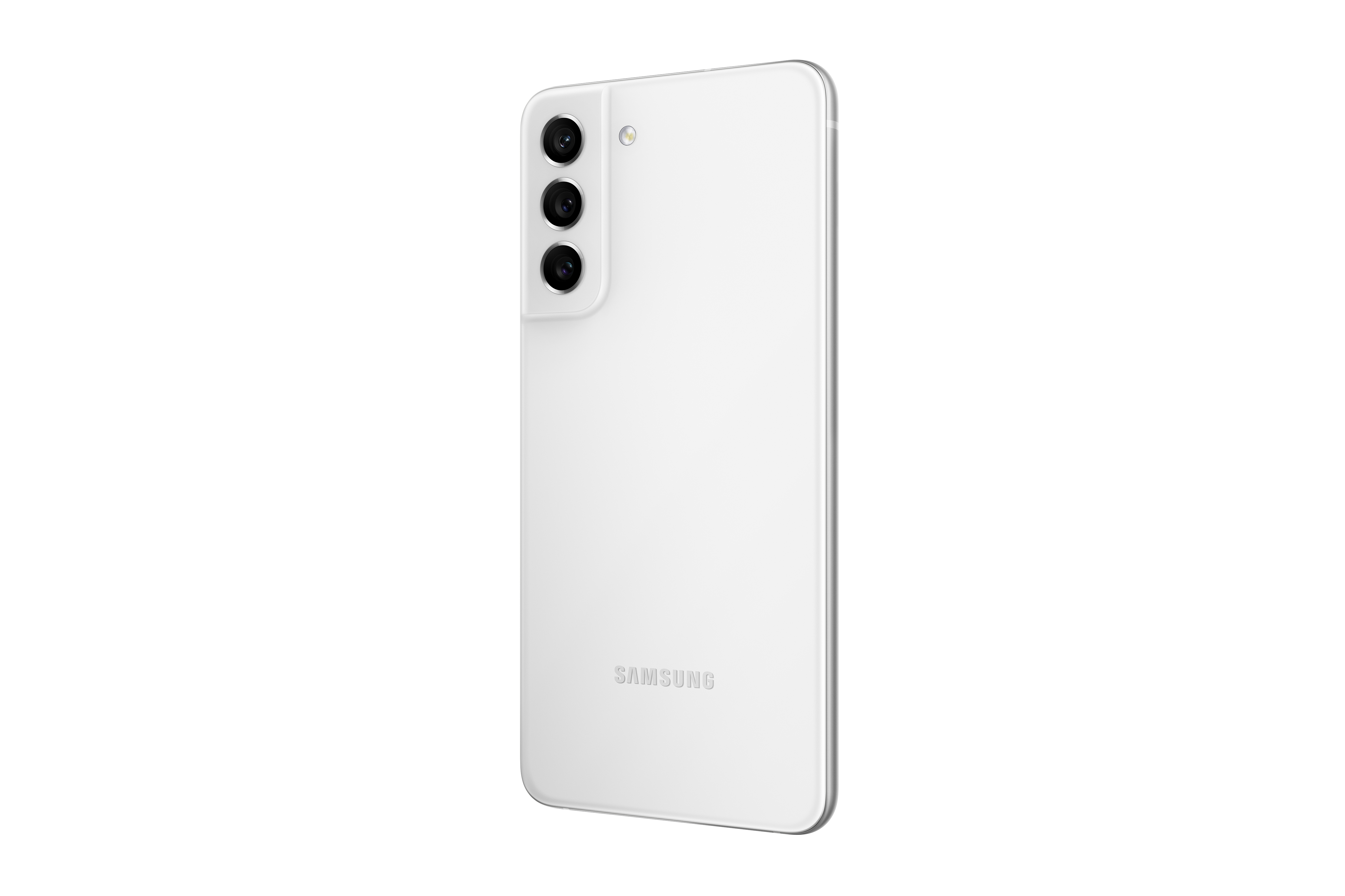 Beyaz Samsung S21 telefon, arka görünüm, üç kamera ve gümüş çerçeve ile.