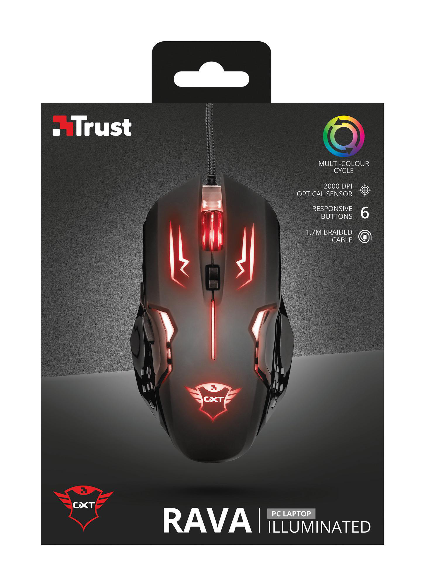 Schwarze und rote Trust Gaming-Maus in einer Box. Funktionen und Logo sichtbar.