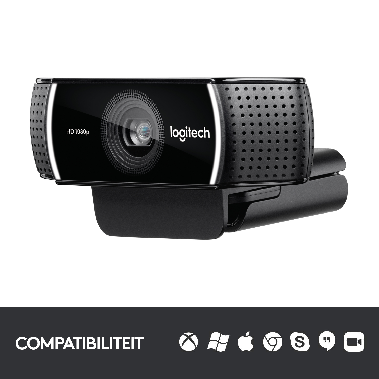 Zwarte Logitech webcam. Het heeft een lens, speakergaten en een zwarte basis. Witte achtergrond.