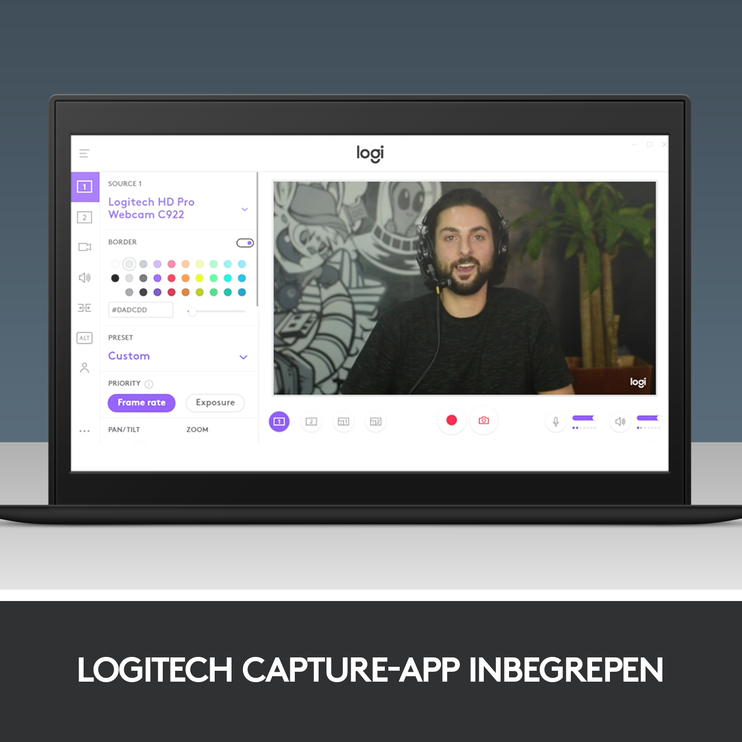 Laptop scherm met live videogesprek. App interface met aanpassingsopties.