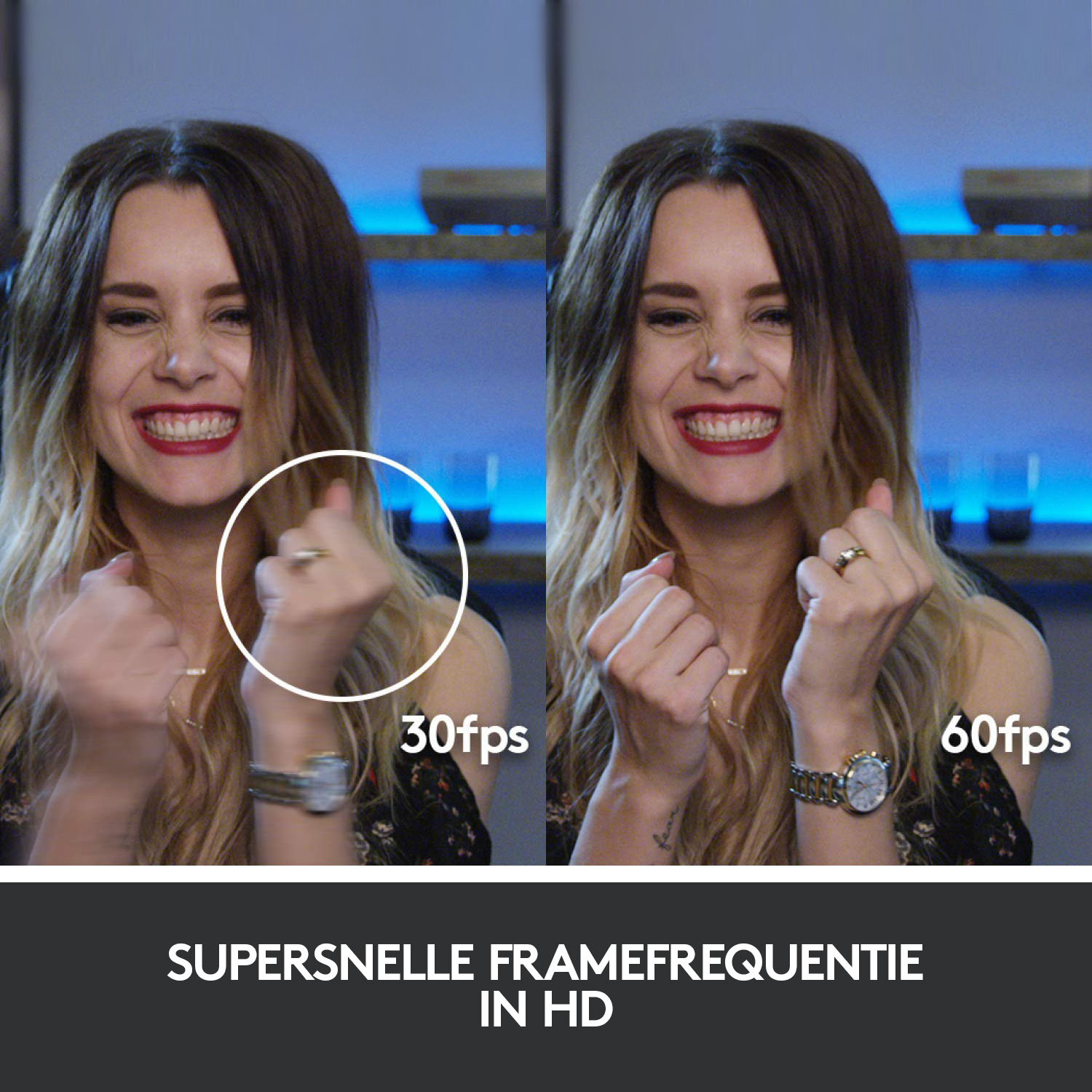 Twee foto's naast elkaar, die de hand van een vrouw in een vuist tonen bij 30fps en 60fps, met tekst.
