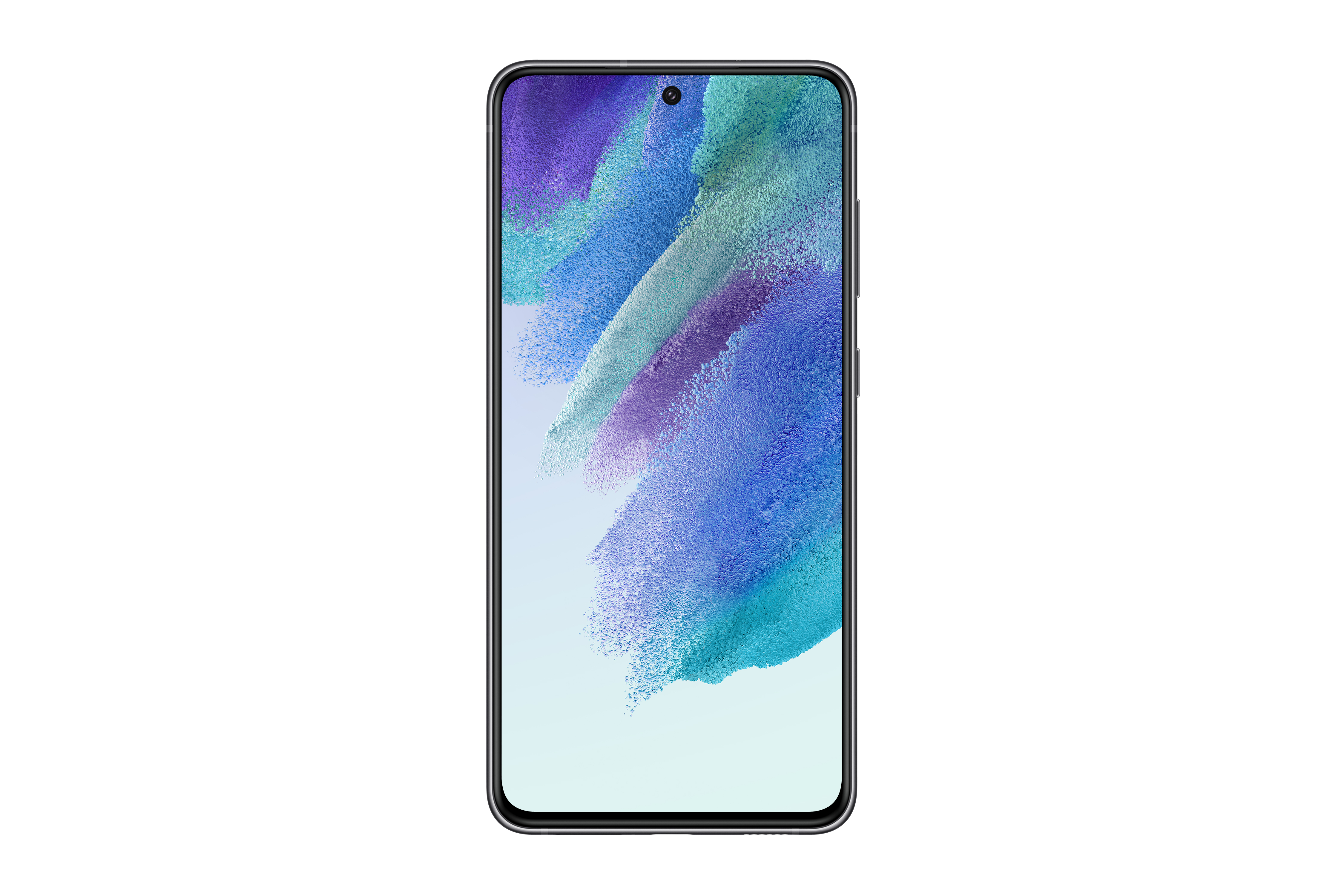 Mavi ve mor tonları gösteren renkli bir ekrana sahip bir akıllı telefon.