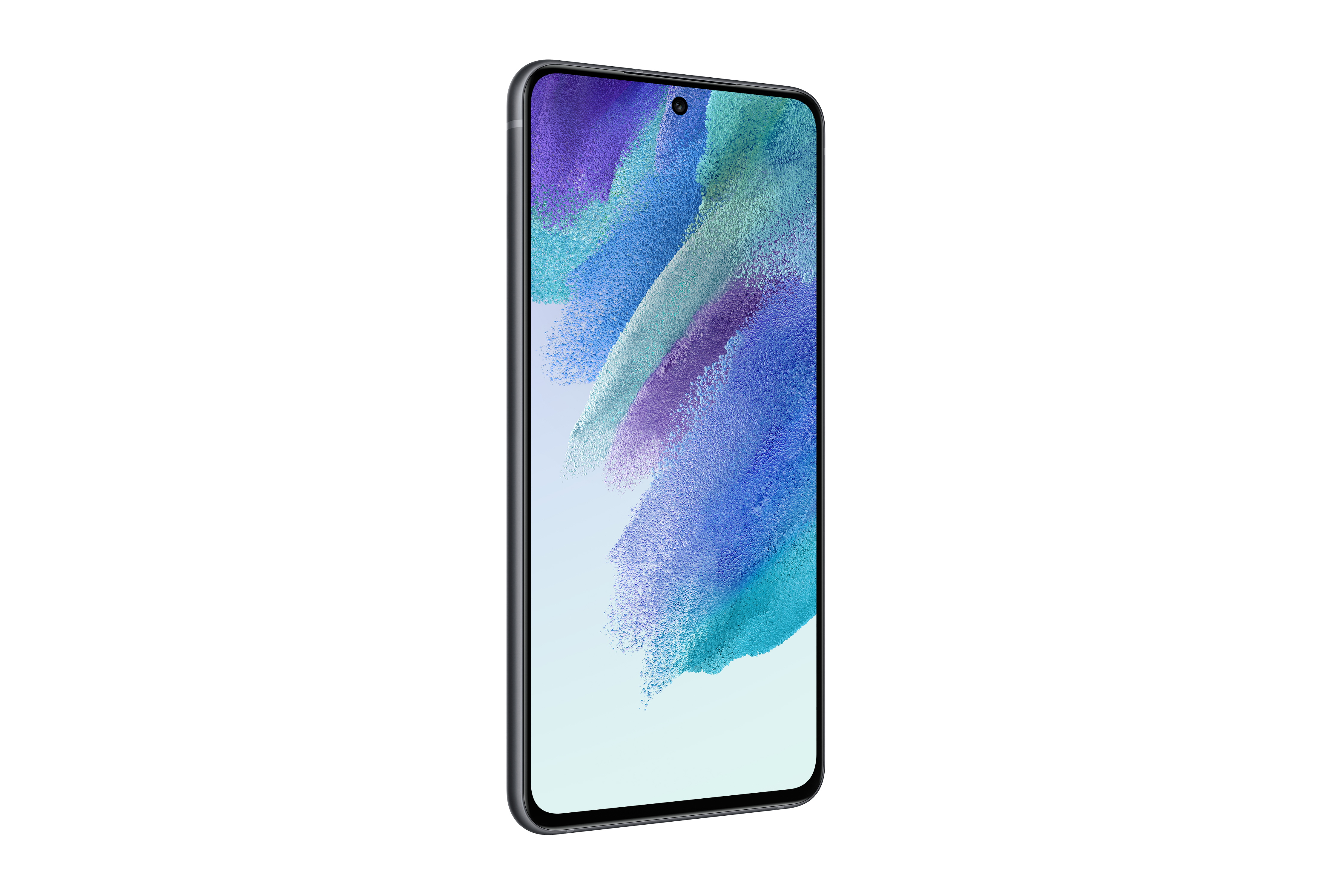 Beyaz bir arka plan üzerinde mavi ve beyaz soyut bir tasarım gösteren ekranlı bir akıllı telefon.