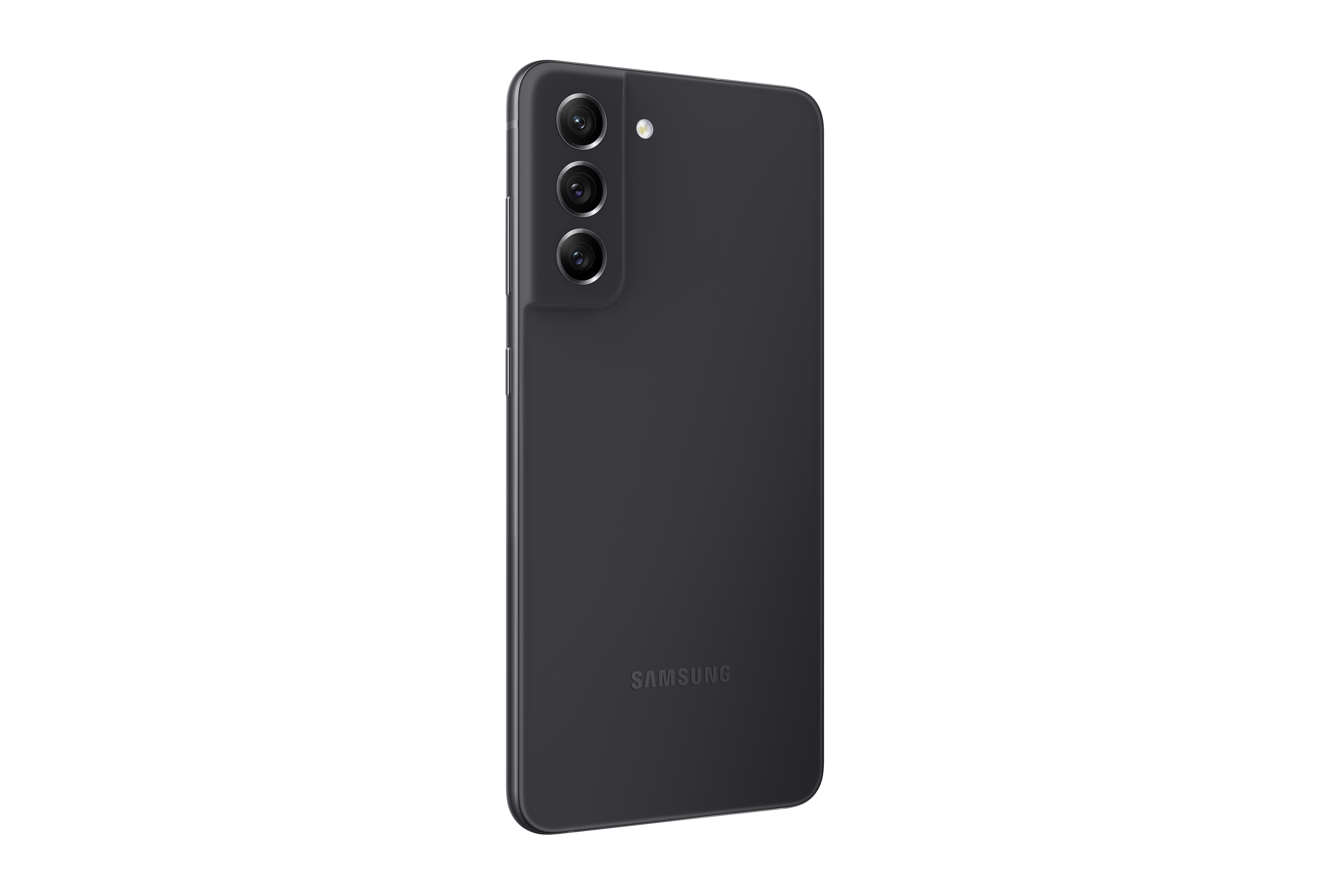 Siyah Samsung S21 FE akıllı telefon, arka görünüm. Üç kamera görünür durumda. Telefon düz siyah.