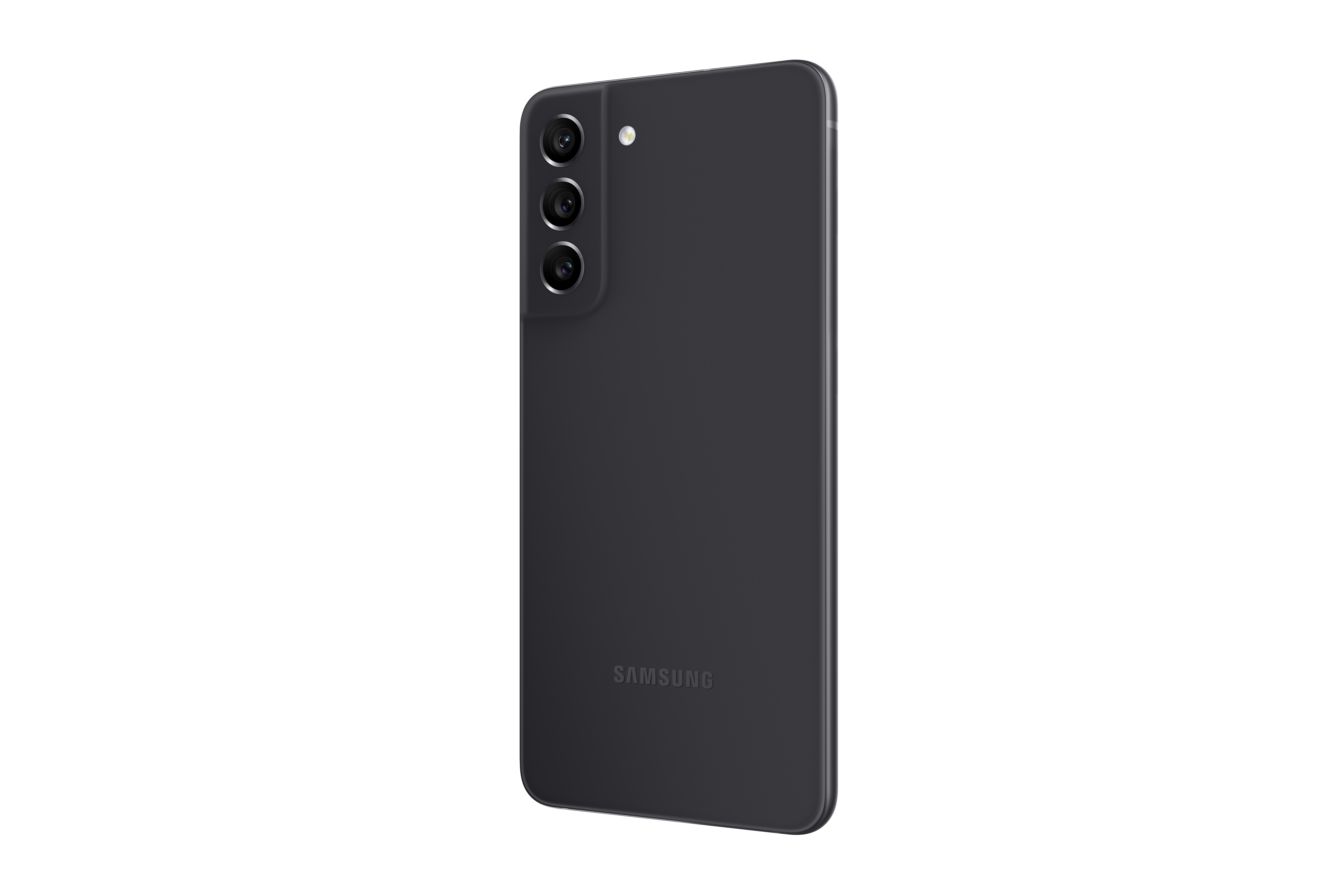 Siyah akıllı telefon arka görünümü. Üçlü kamera kurulumu, alt kısımda Samsung logosu.