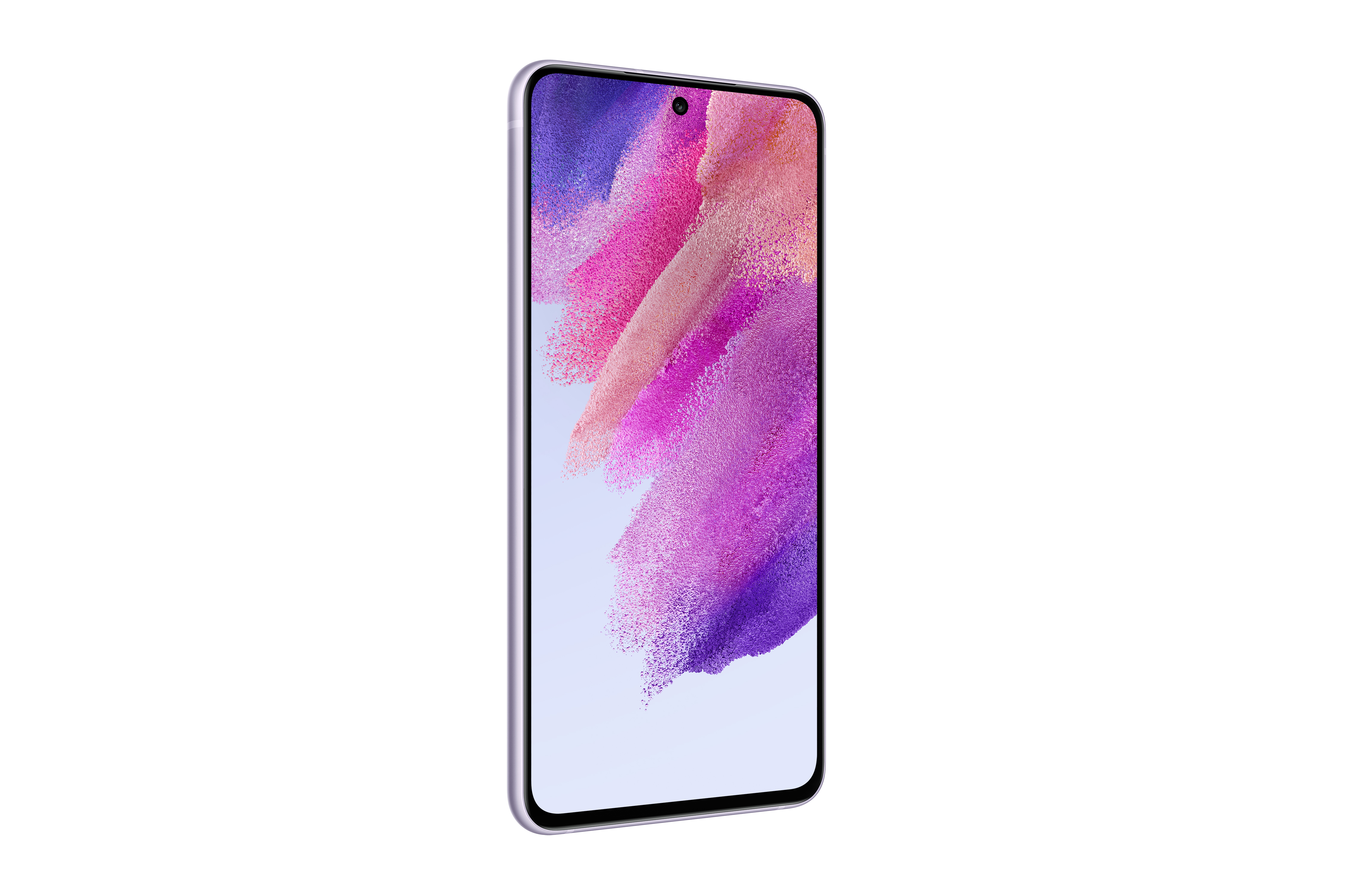 Beyaz bir arka plan üzerinde, soyut renkli vuruşlar gösteren bir ekranı olan mor bir telefon.