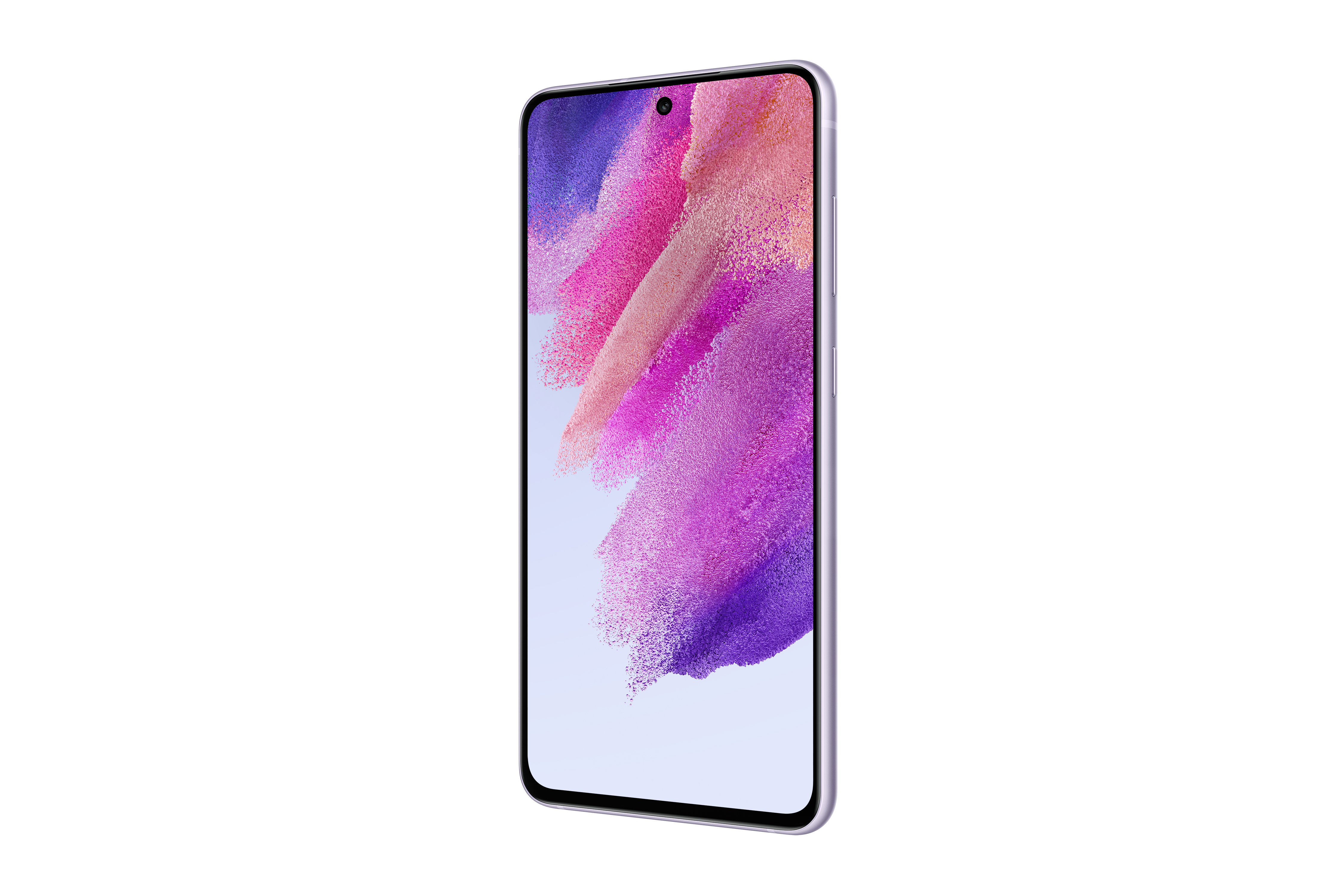 Ekranında mor ve pembe soyut bir duvar kağıdı olan akıllı telefon. Beyaz arka plan.