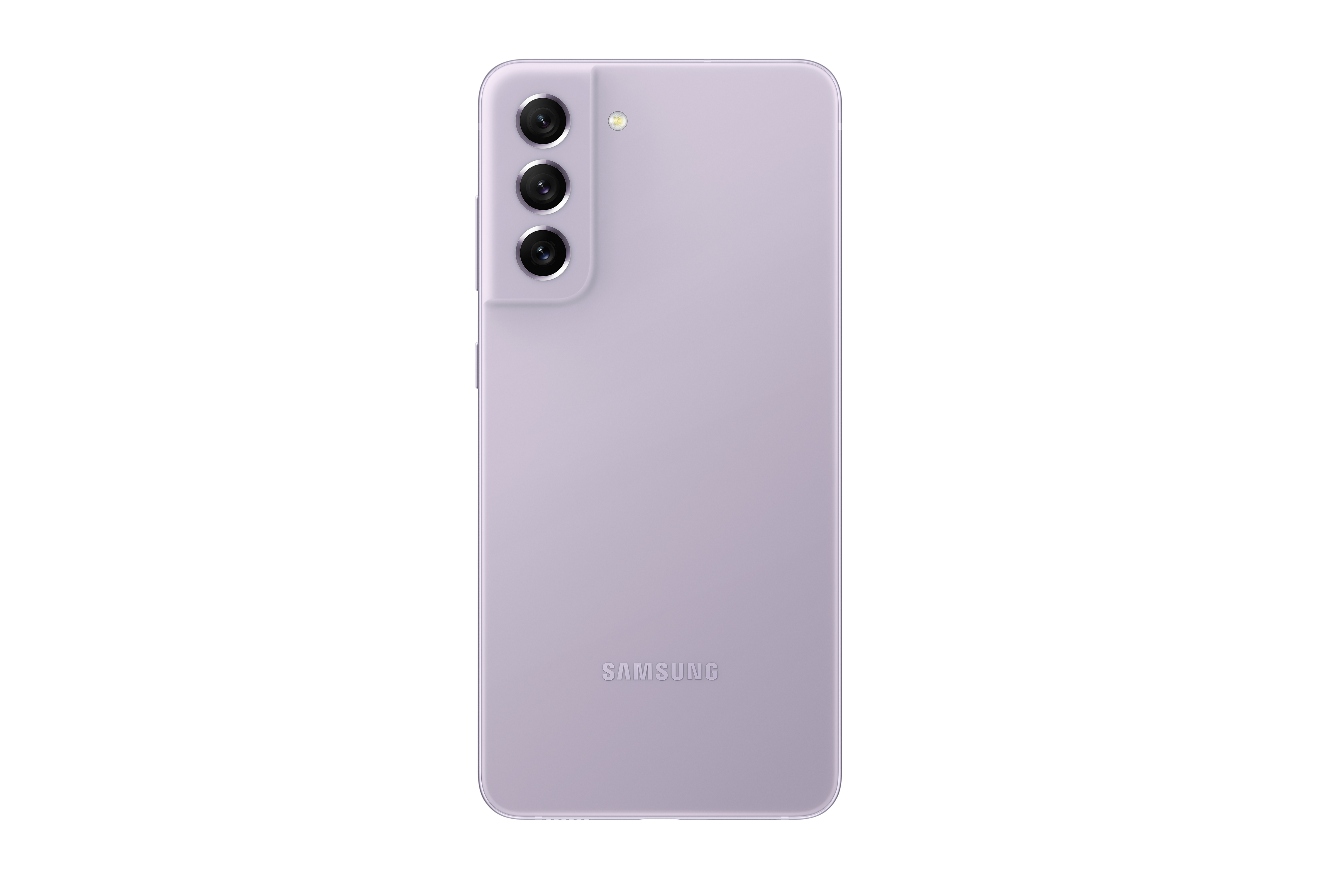 Üç kamera lensli, lavanta renkli bir Samsung Galaxy S21 FE telefonun arkası.