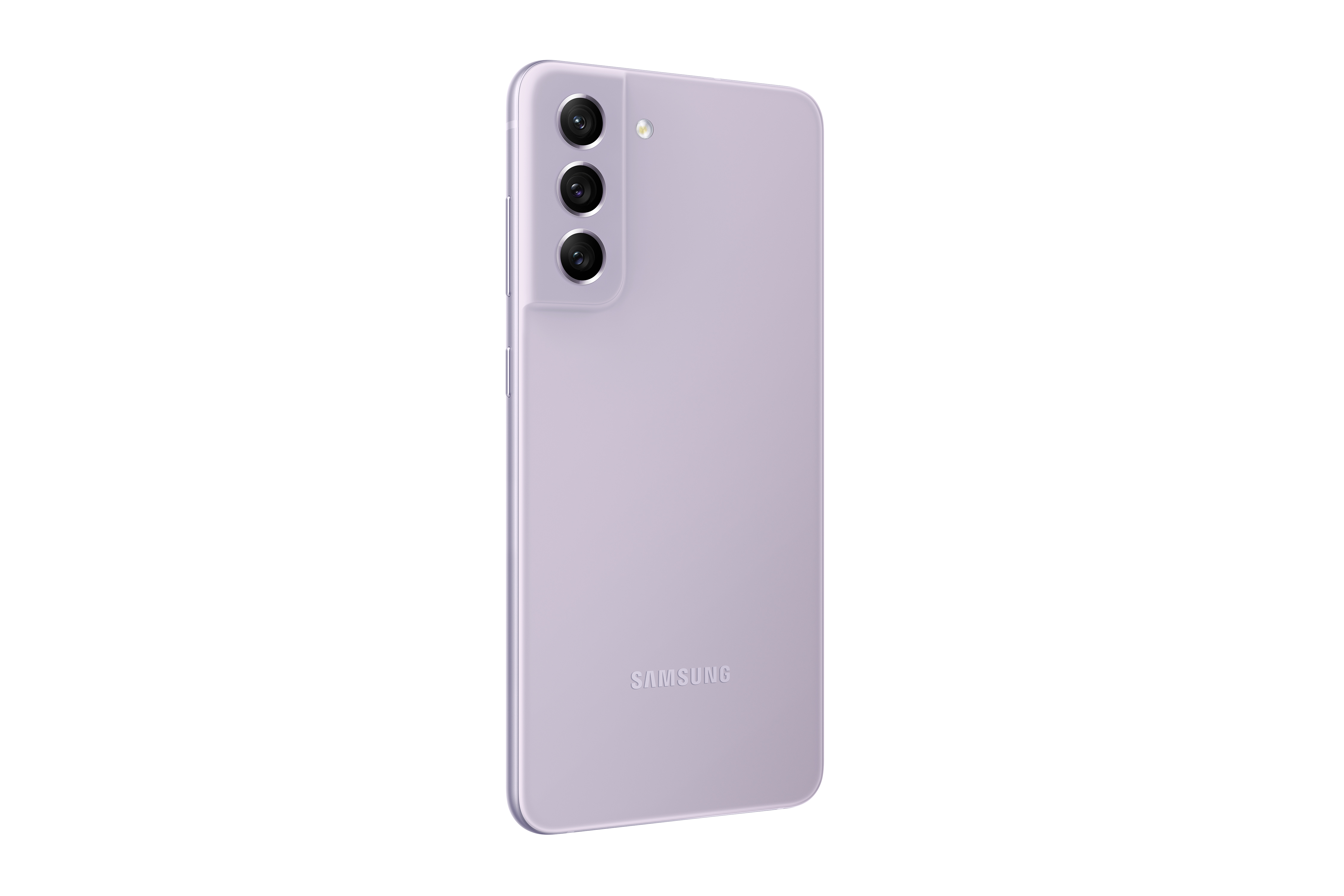 Mor renkli Samsung telefonun arkası, üç kamera ve Samsung logosu.