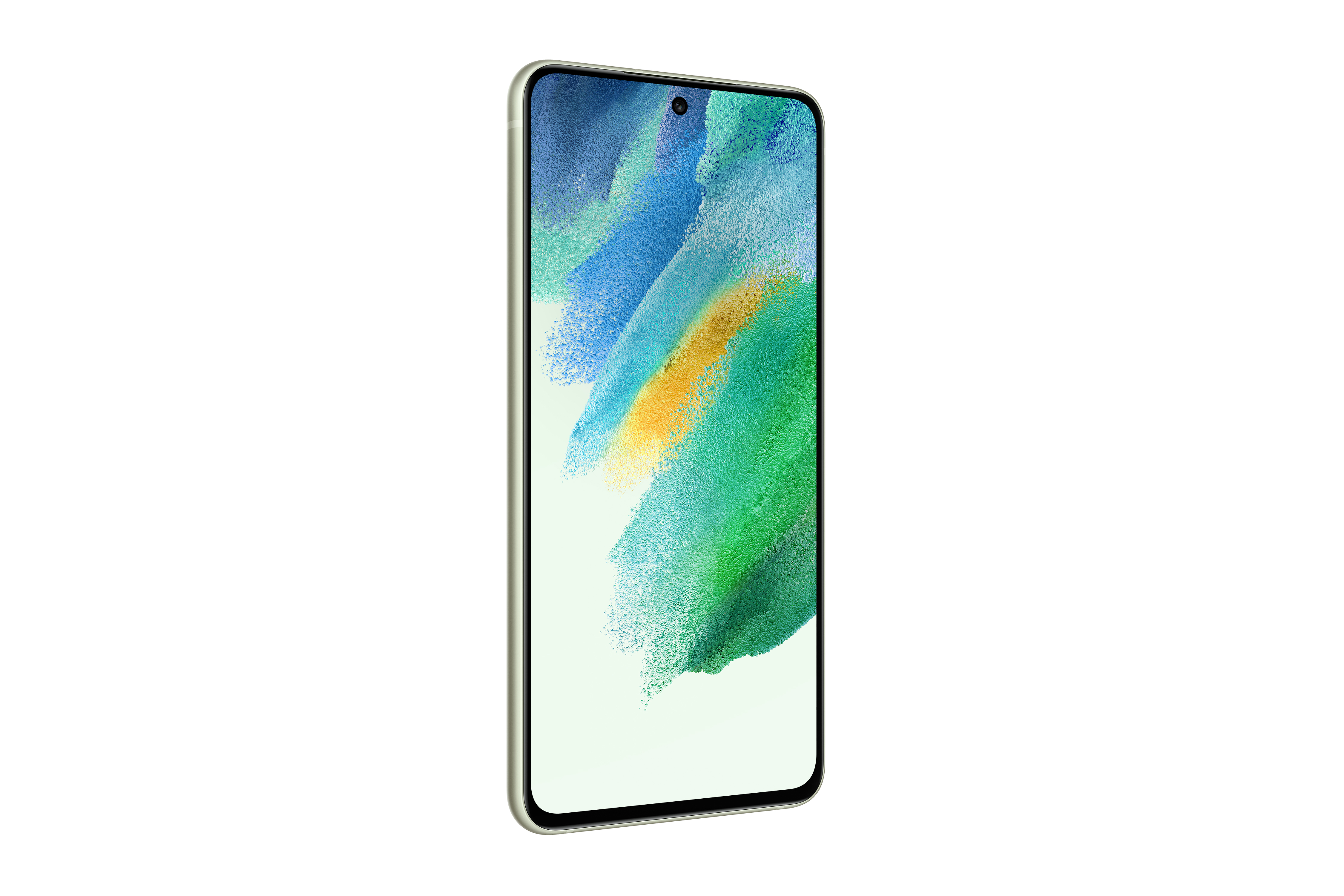 Yeşil Samsung Galaxy S21 FE akıllı telefon. Ekran, renkli soyut bir arka plan gösterir.