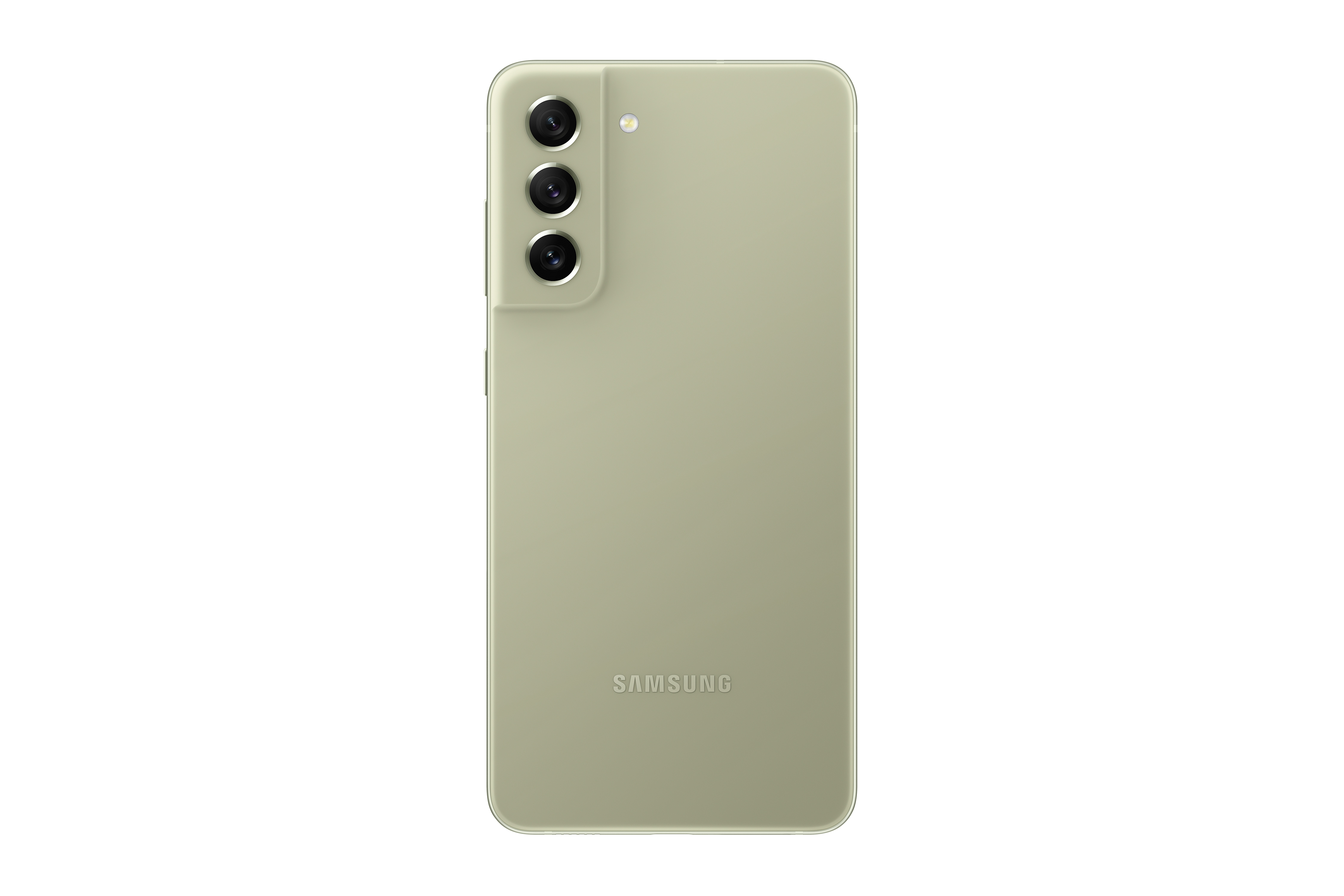 Üç kamera lensli yeşil bir Samsung telefonun arkası.