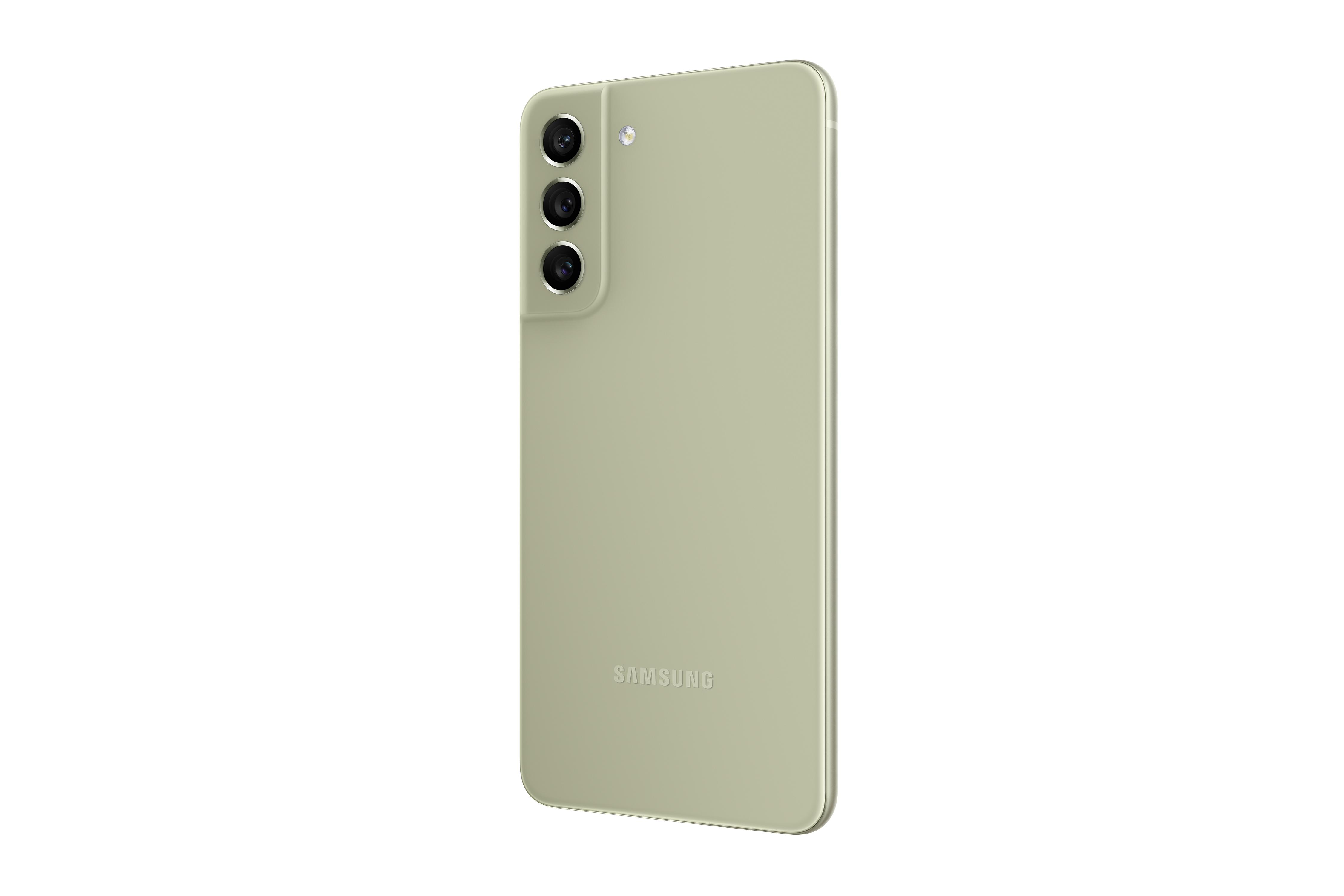 Üç arka kameralı yeşil telefon. Alt kısımda Samsung logosu, beyaz zemin üzerinde açılı görünüm.