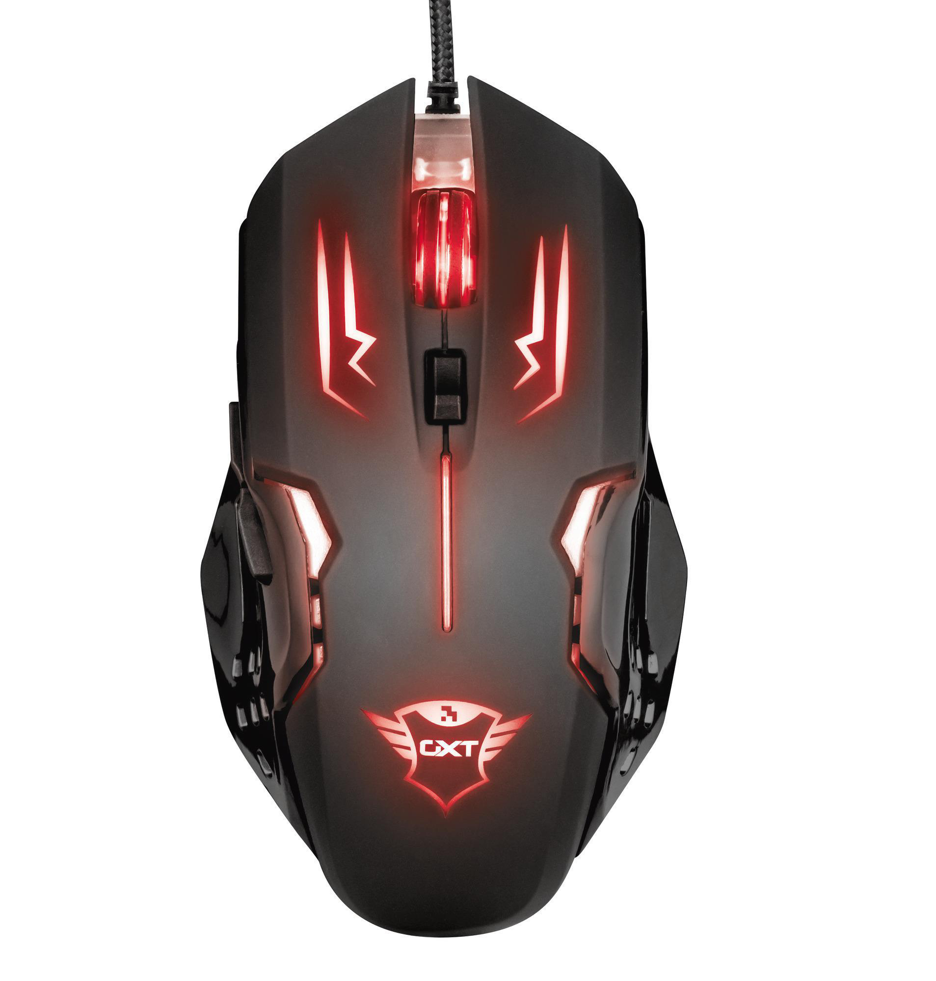 Eine schwarze Computermaus mit roten Lichtern und einem Logo auf der Oberfläche.
